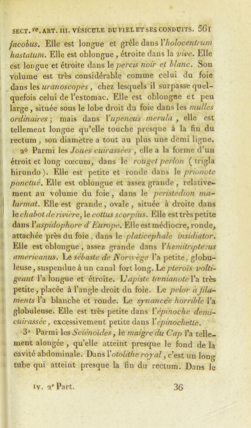 jacobus. Elle est longue et grele dans Yholocentrum hastatum. Elle est oblongue , etroite clans la vive. Elle est longue et etroite dans le percis noir ei blanc. Son volume est tres considerable comme celui du foie dans les uranoscopes , chez lesquels il surpasse quel- quefois celui de l’estomac. Elle est oblongne et peu large, situee sous le lobe droit da foie dans les ruulles ordinaires; mais dans Yupencus merula , elle est tellement longue qu’elle touche prcsque a la fin du rectum, son diametre a tout au plus une demi ligne. 2° Parmi les Joues cuirassees , elle a la forme d’un 6troit et long coecum, dans le rotiget perton ( trigla hirundo). Elle est petite et ronde dans le prionote ponctue. Elle est oblongue et assez grande , relative- merit au volume du foie, dans le perisledion ma- larmat. Elle est grande, ovale , situee a droite dans le chabot de riviere, le cotlus scorpius. Elle est tres petite dans Vaspidophore d'Europe. Elle est mediocre, ronde, attachee pres du foie , dans le platicephale insidiator. Elle est oblongue , assez grande dans 11 hem Ur ip te; us americanus. Le sebaste de JVorivege l’a petite, globu- leuse, suspendue a un canal fort long. Le pterois volli- gea/U l’a longue et etroite. Uapiste hvnianote l’a tres petite, placee a Tangle droit du foie. Le pelor aJila- ments Ta blanche et ronde. Le synancee horrible 1’a globuleuse. Elle est ties petite dans Yepinoche demi- cuirassee, excessivement petite dans Yepinochetle. 3° Parmi les Scienoides, le maigre du Cap Ta telle- ment alongee , qu’elle atteint presque le fond de la cavite abdominale. Dans Yotolithe royal, c’est un long tube qui atteint presque la fin du rectum. Dans le iv. ‘2* Part. 36