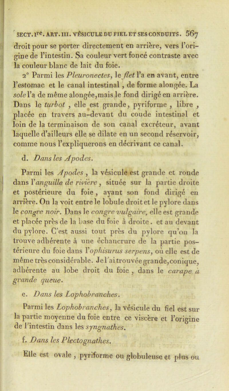 droit pour se porter directement en arriere, vers I’ori- ginede l’intestin. Sa couleur vert fonce contraste avec la couleur blanc de lait du foie. 2° Parmi les Pleuronectes, le flet l’a en avant, entre l’estomac et le canal intestinal , de forme along^e. La soleYa de meme along6e,mais le fond dirige en arriere. Dans le turbot , elle est grande, pyriforme , libre , placee en travers au-devant du coude intestinal et loin de la terminaison de son canal excr^teur, avant laquelle d’ailleurs elle se dilate en un second reservoir, comme nous l’expliquerons en d^crivant ce canal. d. Dans les Apodes. Parmi les A podes , la vdsicule est grande et ronde dans 1’anguille de riviere, situee sur la partie droite et post^rieure du foie, ayant son fond dirigd en arriere. On la voit entre le lobule droit et le pylore dans le congre Jioir. Dans le congre vulgaire, elle est grande et placee pres de la base du foie a droite . et au devant du pylore. C'est aussi tout pres du pylore qu’on la trouve adberente a une ^chancrure de la partie pos- terieure du foie dans Vop/iisurus serpens, ou elle est de m£me tresconsiderable. Jel aitrouveegrande,conique, adberente au lobe droit du foie , dans le carape a grande queue. e. Dans les Lophobranches. Parmi les Lophobranches, la vesicule du fiel est sur la partie moyenne du foie entre ce viscere et l’origine de 1 intestin dans les syngnathes. f. Dans les Plectognathes. Elle est ovale , pyriforme ou globuleuse et plus ou