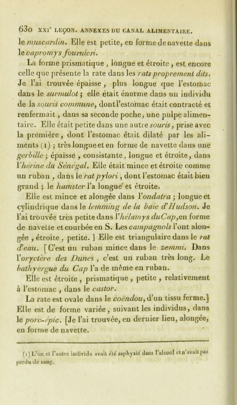 le muscardin. Elle est petite, en forme denavette dans le capromys fournieri. La forme prismatique , longue et Etroite , est encore celle que presente la rate dans les ratsproprement chts. Je l’ai trouvee epaisse , plus longue que l’estomac dans le surmulot $ elle etait enorme dans un individu de la souris commune, dont l’estomac etait contracte et renfermait, dans sa seconde poche, une pulpe alimen- taire. Elle etait petite dans une autre souris, prise avee la premiere, dont l’estomac etait dilate par les ali- ments (i) ; tres longue et en forme de navette dans une gerbille; epaisse , consistante, longue et etroite, dans Ylierine du Senegal. Eile etait mince et etroite comrae un ruban , dans le rat pylori , dont 1’estomac etait bien grand ; le hamster Va longue et etroite. Elle est mince et alongee dans Vondatra ; longue et cylindrique dans le lemming de la baie d'Hudson. Je l’ai trouvee tres petite dans Yhelamys duCap,cn forme de navelle etcourbeeen S. Les campagnols l’ont alon- gee , etroite , petite. ] Elle est triangulaire dans le rat (Teau. [C’estun ruban mince dans le zemmu Dans Yoryctere des Dunes , e’est un ruban tres long. Le bathyergue du Cap l’a de meme en ruban. Elle est etroite , prismatique , petite , relativement a Testomac , dans le castor. La rate est ovale dans le coendou, d’un tissu ferine.] Elle est de forme variee, suivant les individus, dans le porc-epic. [Je l’ai trouvee, en dernier lieu, alongee, en forme de navette. (i)L’un ct l’aulrc iutliviilti avail clc aiptiyxic dans 1’alcool ctn availi»a* perdu dc sanp.