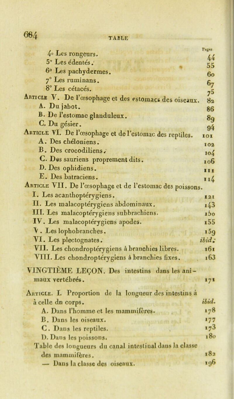 G64 TABLE 4° Les rongeurs. 5° Les edentes.' 6° Les pachydermes. 7° Les ruminans. 8° Les cetace's. Article V. De I’oesophage et des estomacs des oiscaux. A. Du jabot. B. De l’estomac glanduleux. C. Du gesier. Article VI. De l’oesopliage et del'cstomac des repliles. A. Des cheloniens. B. Des crocodiliens* C. Des sauriens proprement dits. D. Des ophidiens. E. Des batraciens. Article VII. De l’oesopliage et de l’estomac des poissons. I. Les acanthopterygiens. II. Les inalacopterygiens abdominaux. III. Les inalacopterygiens subbrachiens. IV. Les inalacopterygiens apodes. V . Les lopbobranebes. VI. Les plectognates. VII. Les chondropterygiens Abranohies libres. VIII. Les chondropterygiens A branebies fixes. VINGTIEME LEQON. Des intestins dans les ani- maux vert^bres. e« 44 55 6o 67 75 82 86 89 94 IOI 102 104 106 hi 1 >4 121 i43 160 i55 i5g ibid: 161 i63 171 Article. I. Proportion de la longueur des intestins a a celle dn corps. ibid. A. Dans l’homme ct les mammiferes. >78 B. Dans les oiscaux. *77 C. Dans les reptiles. . *7^ 1). Dans les poissons. *80 Tabic des longueurs du canal intestinal dans la classe des inatnmif6res. — Dans la classe des oiscaux. 182 196