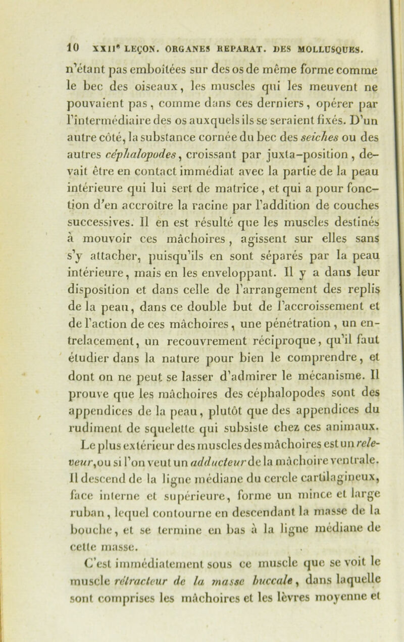 n’etant pasemboilees sur desosde merae forme comme le bee des oiseaux, les muscles qui les meuvent ne pouvaient pas, comme dans ces derniers, operer par Fintermediaire des os auxquels ils se seraient fixes. D’un autre cote, la substance cornee du bee des seiches ou des autres cephalopudes, croissant par juxta-position , de- vait etre en contact immediat avec la partie de la peau interieure qui lui sert de matrice, et qui a pour fonc- tion d'en accroitre la racine par Faddition de couches successives. 11 en est resulte que les muscles destines a mouvoir ces machoires, agissent sur elles sans s'y attacher, puisqu’ils en sont separes par la peau interieure, inais en les enveloppant. II y a dans leur disposition et dans celle de Farrangement des replis de la peau, dans ce double but de Faccroissement el de Faction de ces machoires, une penetration , un en- trelacement, un recouvrement reciproque, qu’il faut etudier dans la nature pour bien le comprendre, et dont on ne peut se lasser d’admirer le mecanisme. II prouve que les machoires des cephalopodes sont des appendices de la peau, plutot que des appendices du rudiment de squelette qui subsiste chez ces animaux. Le plus exterieur des muscles des machoires est un rele- veur%ou si Ton veut un adducteur de la machoire venlrale. 11 descend de la ligne mediane du cercle carlilagineux, face interne et superieure, forme un mince et large ruban, lequel contourne en descendant la masse de la bouche, el se termine en bas a la ligne mediane de cetle masse. C’est iinmedialement sous ce muscle que sevoit le muscle relracteur dc la masse buccale, dans laquellc sont comprises les mAchoires et les levres moyenne et