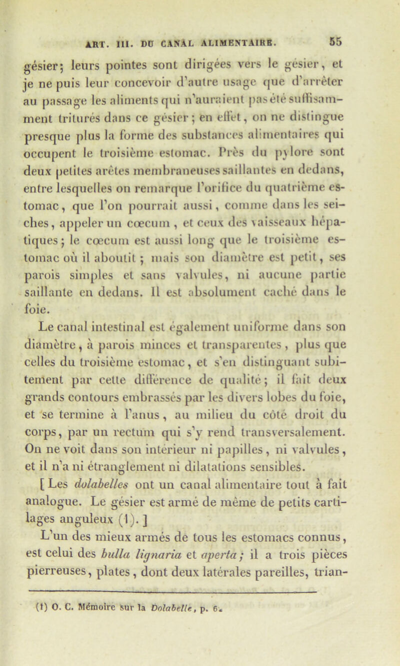 gesier; leurs pointes sont dirigees vers le gesier, el je ne puis leur concevoir d’autre usage que d’arreter au passage les aliments qui n’auraient pasete suffisam- ment trilures dans ce gesier; en eifet, on ne distingue presque plus la forme des substances aliinentaires qui occupent le troisieme estomac. Pres du p)lore sont deux petites aretes membraneusessaillantes en dedans, entre lesquelles on remarque PoriHce du quatrieme es- tomac , que Ton pourrait aussi, comme dans les sei- ches, appelerun caecum , et ceux des vaisseaux hepa- liques; le coecum est aussi long que le troisieme es- tomac ou il aboutil ; niais son diametre est petit, ses parois simples et sans valvules, ni aucune parlie saillante en dedans. 11 est absolument cache dans le foie. Le canal intestinal est egalement unifonne dans son diametre, a parois minces et transpareutes, plus que celles du troisieme estomac, et s'en distinguant subi- tement par celle difference de qualite; il fait deux grands contours embrasses par les divers lobes du foie, et se tennine a l’anus, au milieu du cote droit du corps, par uu rectum qui sV rend transversalement. On ne voit dans son interieur ni papilles, ni valvules, et il n’a ni etranglement ni dilatations sensibles. [ Les dolabellcs ont un canal alimentaire tout a fait analogue. Le gesier est arme de merne de petits carti- lages anguleux (1). ] L’un des mieux armes de tous les estomacs connus, est celui des bulla lignaria et aperta; il a trois pieces pierreuses, plates, dont deux laterales pareilles, trian- (t) O. C. M^moirc sur la Dolabelle, p. 6.