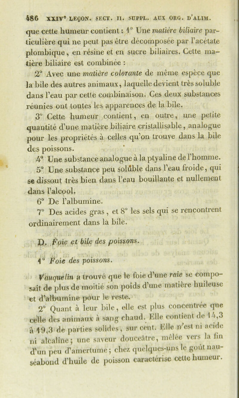 que cette humeur contient: 1° Une matiere biliaire par- ticuliere qui ne peut pas etre decomposee par Facetate plombique, en resine et en sucre biliaires. Cette ma- tiere biliaire est combinee : 2° Avec une matiere colorante de meme espece que la bile des autres animaux, laquelle devient Ires soluble dans Feau par celle coinbinaison. Ces deux substances reunies ont toutes les apparences de la bile. 3° Cette humeur contient, en outre, une petite quantite d’une matiere biliaire crislallisable, analogue pour les proprietes a celles qu’on Irouve dans la bile des poissons. 4° Une substance analogue a la ptyaline de 1 homme. 5° Une substance peu soluble dans Feau froide, qui se dissout tres bien dans Feau bouillante et nullemenl dans l’alcool. 6° De Falbumine. 7° Des acides gras , et 8° les sels qui se rencontreni ordinairement dans la bile. D. Foie et bile des poissons. 4° Foie des poissons. V auquelin a Irouve que le foie d’une raie se compo- sait de plus de moitie son poids dW matiere huiieuse et d’albumine pour le reste. 2° Quant a leur bile, elle est plus concentree que cede des animaux a sang chaud. Bile contient de 14,3 a 19,3 de parties solides, sur cent. Bile n'est ni acide ni alcaline; une saveur douceAtre, melee vers la 1m d\in peu d’amertume; cbez quelques-uns le gout nau- seabond d'huile de poisson caracterise cette humeur.