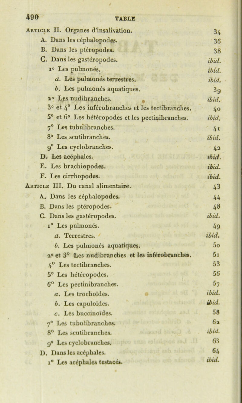 Article II. Organes d’insalivation. 34 A. Dans les c<$phalopode$. 36 B. Dans les pteropodes. 38 G. Dans les gasteropodes. ibid. i° Les puhnones. ibid. a. Les pulmonis terrestres. ibid. b. Les pulmonis aquatiques. 39 20 Les nudibranches. # ibid. 3° et 4° Les inferobranches et les tectibranches. 40 5° et 6° Les heteropodes et les pectinibranches. ibid. 70 Les tubulibranches. 41 8° Les scutibrancbes. ibid. 90 Les cyclobranches. 42 D. Les acephales. ibid. E. Les brachiopodes. ibid. F. Les cirrhopodes. ibid. Article III. Du canal alimentaire. 43 A. Dans les cephalopodes. 44 B. Dans les pteropodes. 48 C. Dans les gasteropodes. ibid. i° Les pulmones. 49 a. Terrestres. ibid. b. Les pulmones aquatiques. 5o 20 et 3° Les nudibranches ct les inferobranches. 5i 4° Les tectibranches. 53 5° Les heteropodes. 56 6° Les pectinibranches. 57 a. Les trochoides. • ibid. b. Les capuloides. ibid. c. Les buccinoides. 58 70 Les tubulibranches. 5a 8° Les scutibrancbes. > did. 90 Les cyclobranchcs. 01 D. Dans les acephales. i° Les acephales tcstaces. did.