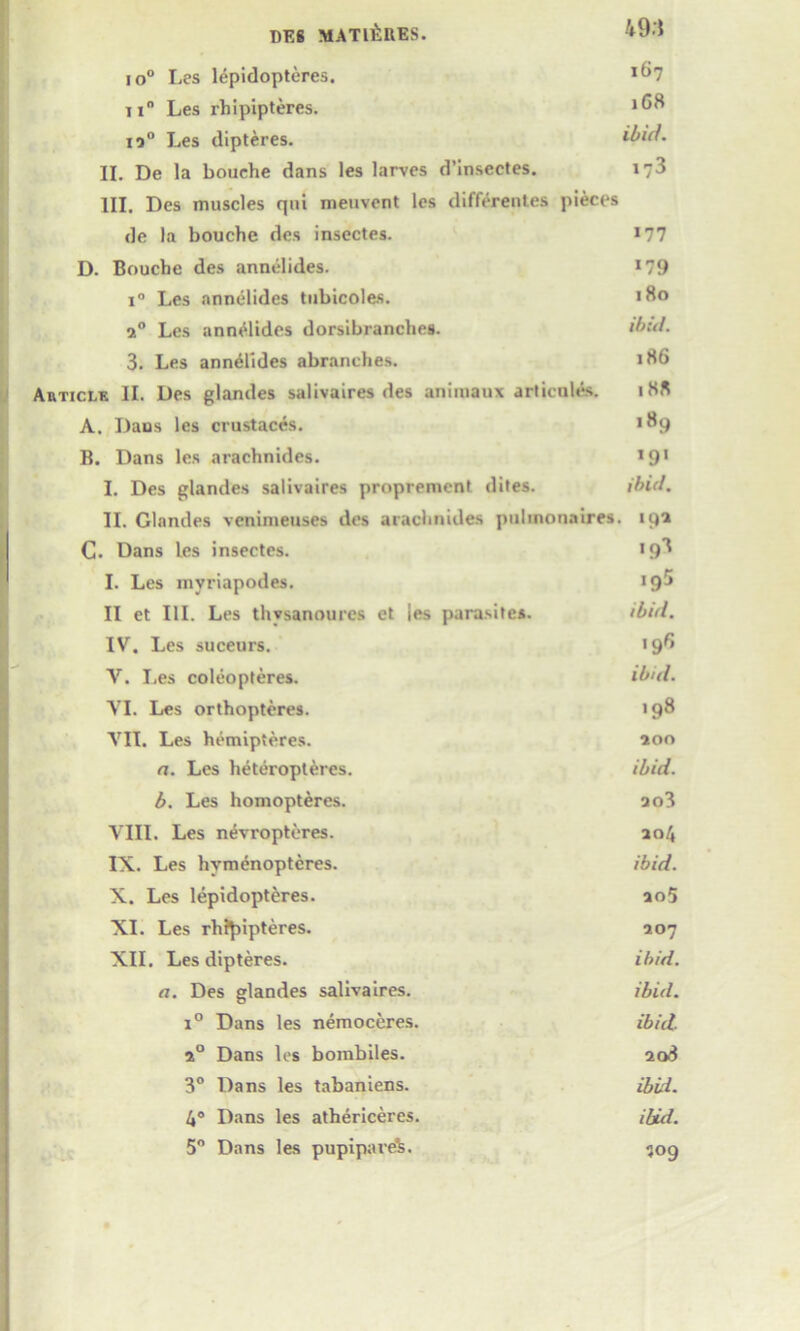 49.1 i o° Les lepidopteres. If^7 n Les rbipipteres. *68 io° Les dipteres. ibid. II. De la bouehe dans les larves d’lnsectes. 173 III. Des muscles qui meuvent les differentes pieces de la bouehe des insectes. 177 D. Bouehe des annelides. *79 i° Les annelides tubicoles. iHo 2° Les annelides dorsibranches. d>:d. 3. Les annelides abranches. irtb Article II. Des glandes salivaires des uniinaux articnles. 188 A. Dans les crustaces. > °9 B. Dans les arachnides. >9' I. Des glandes salivaires proprement dites. ibid. II. Glandes venimeuses des arachnides pulmonaire*. 19a C. Dans les insectes. I. Les myriapodes. 19-* II et III. Les thysanoures et ies parasites. ibid. IV. Les suceurs. <9^ V. Les coleopteres. ibid. VI. Les orthopteres. 198 VII. Les hemipteres. 200 a. Les heteropteres. ibid. b. Les homopteres. ao3 VIII. Les nevropteres. 204 IX. Les hymenopteres. ibid. X. Les lepidopteres. ao5 XI. Les rhl^ipteres. 207 XII. Les dipteres. ibid, a. Des glandes salivaires. ibid. i° Dans les nemoceres. ibid 20 Dans les boinbiles. 208 3° Dans les tabaniens. ibid. 4° Dans les athericeres. ibid. 5° Dans les pupipare^. 509