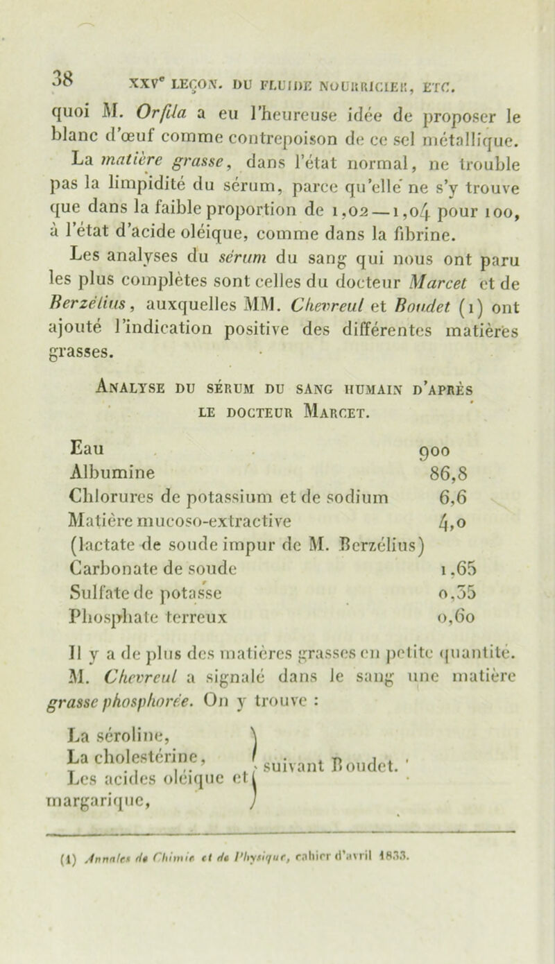 quoi M. Orfda a eu l’heureuse idee de proposer le blanc d’ceuf cornme contrepoison de ce scl metallique. La matiere grasse, dans l’etat normal, ne trouble pas la limpidite du serum, parce qu’ellc ne s’y trouve que dans la faible proportion de 1,02 —1,04 pour 100, a l’etat d’acide oleique, comme dans la fibrine. Les analyses du serum du sang qui nous ont paru les plus completes sont celles du docteur Marcet et de Berzelius, auxquelles MM. Chevreul et Boudet. (1) ont ajoute l’indication positive des differentes matieres grasses. Analyse du serum du sang humain d’apres le docteur Marcet. Eau 900 Albumine 86,8 Chlorures de potassium et de sodium 6,6 Matiere mucoso-extractive [\,o (lactate de soudeimpur de M. Berzelius) Carbonate de soude 1,65 Sulfate de potasse o,55 Phosphate terreux 0,60 J1 y a de plus des matieres grasses cn petite quantite. M. Chevreul a signale dans le sang une matiere grasse phosphoree. On y trouve : La seroline, ) La cholesterine,