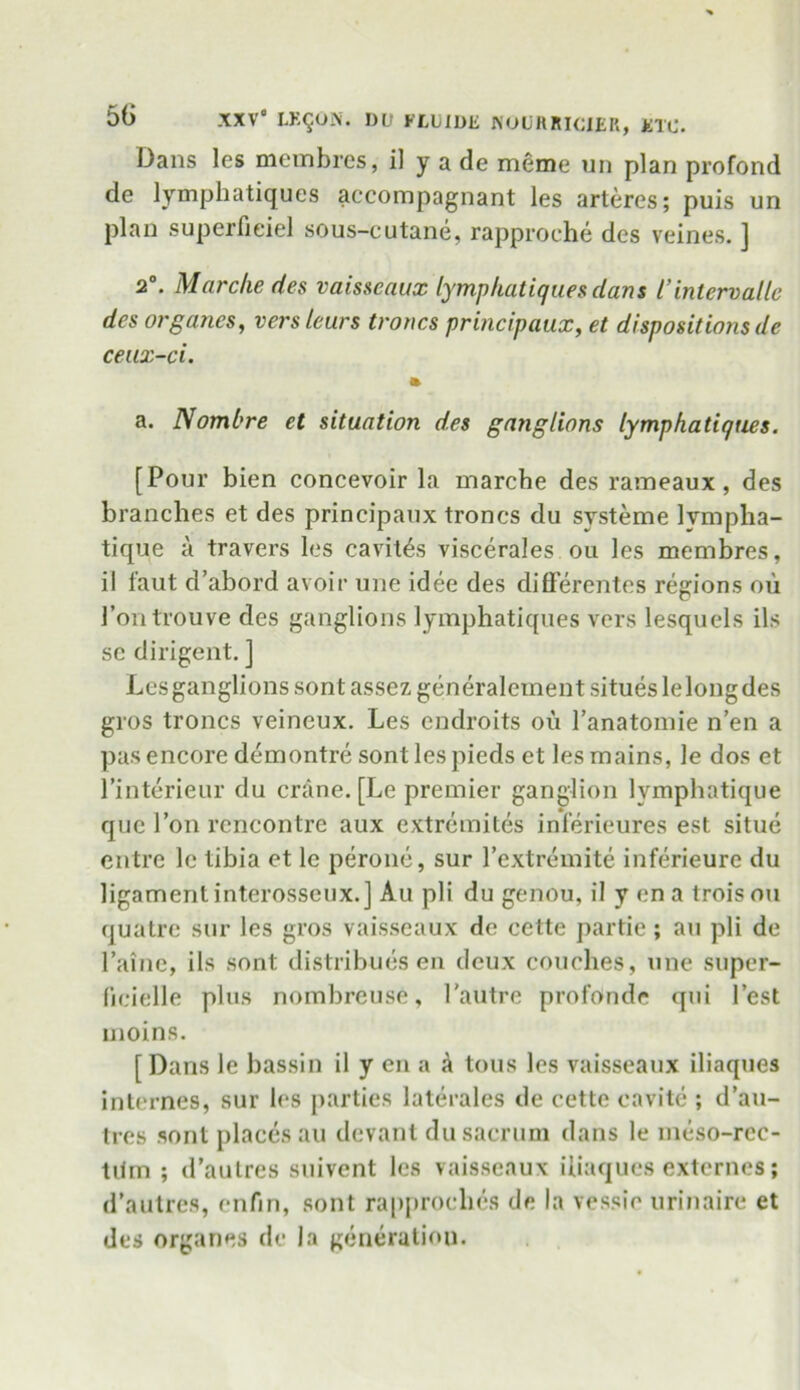 Dans les membres, il y a de meme un plan profond de lymphatiques accompagnant les arteres; puis un plan superlieiel sous-cutane, rapproche des veines. ] 2°. Marche des vaisscaux lymphatiques dans l’intervals des organes, vet's leurs troncs principaux, et dispositions de ceux-ci. a. Nombre et situation des ganglions lymphatiques. [Pour bien concevoir la marche des rameaux, des branches et des principaux troncs du systeme Ivmplia- tique a travers les cavit^s viscerales ou les membres, il faut d’abord avoir une idee des diS’erentes regions ou 1’ontrouve des ganglions lymphatiques vers lesquels ils se dirigent. ] Lesganglions sont assez generalement situes lelong des gros troncs veineux. Les endroits ou l’anatomie n’en a pas encore demontre sont les pieds et les mains, le dos et Pinterieur du crane. [Le premier ganglion Ivmphatique que Ton rencontre aux extremites inferieures est situe entre le tibia et le perone, sur l’extremite inferieure du ligament interosseux.] Au pli du genou, il y i;na troisou quatre sur les gros vaisseaux de cette partie; au pli de Paine, ils sont distribues en deux couches, une super- ficielle plus nombreuse, Pautre profonde qui Pest uioins. [ Dans le bassin il y en a A tons les vaisseaux iliaques internes, sur les parties laterales de cette cavite ; d’au- tres sont places au devant du sacrum dans le meso-rec- tdm ; d’aulres suivent les vaisseaux iliaques externcs; d’autres, enfin, sont rapproclies de la vessie urinaire et des organes de la generation.