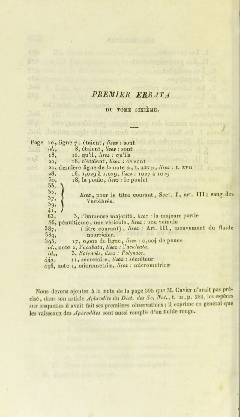 PREMIER ERRATA DO TOME SIXIEME. Page 10, ligne 7, etaient, Use* : sont id., 8, Etaient, Use* : sont 18, i5, qu’il. Usez : qu’ils 20, 18, c’etaicnt, Uses : cc sont 21, dernierc ligne de la note 2 , t. xxvn , Use2 , 16, 1,029! 1,029, Use*: 1027 a 1029 18, la poule, Uses : le poulet Usez, pour le titre courant, Sect. Vertebres. t. XVII I, art. Ill; sang des 3, l’imniense majorit!. Uses : la majeure partie 85, p6nulti!me, unc v6sicule, Uses : une veinule 38j, (titre courant). Uses ; Art. Ill, inouvement du fluide 589, nourricier. 095, 17, 0,002 de ligne, Uses : o,oo4 de pouce id., note 2, Vacubala, Uses : Vaeuleata. id., 3, Solynois, Uses : Polynocs. 44a, ii, s6cr<5toire, Use1: s6cr6leur 496, note 1, uiicrometri®, Usez : micrometric® ( Nous devons njoutcr ! la note de la page 095 quo M. Cuvier n’avait pas priS cist, dans son article Aphrodite du Diet, des Sc. Nat., t. 11, p. 281, les espfices sur lesquellcs il uvait fait ses premieres observations; H exprime en giiniiral que les vaisscaux dcs /Iphroditcs sont aussi remplis d’uu lluide rouge.