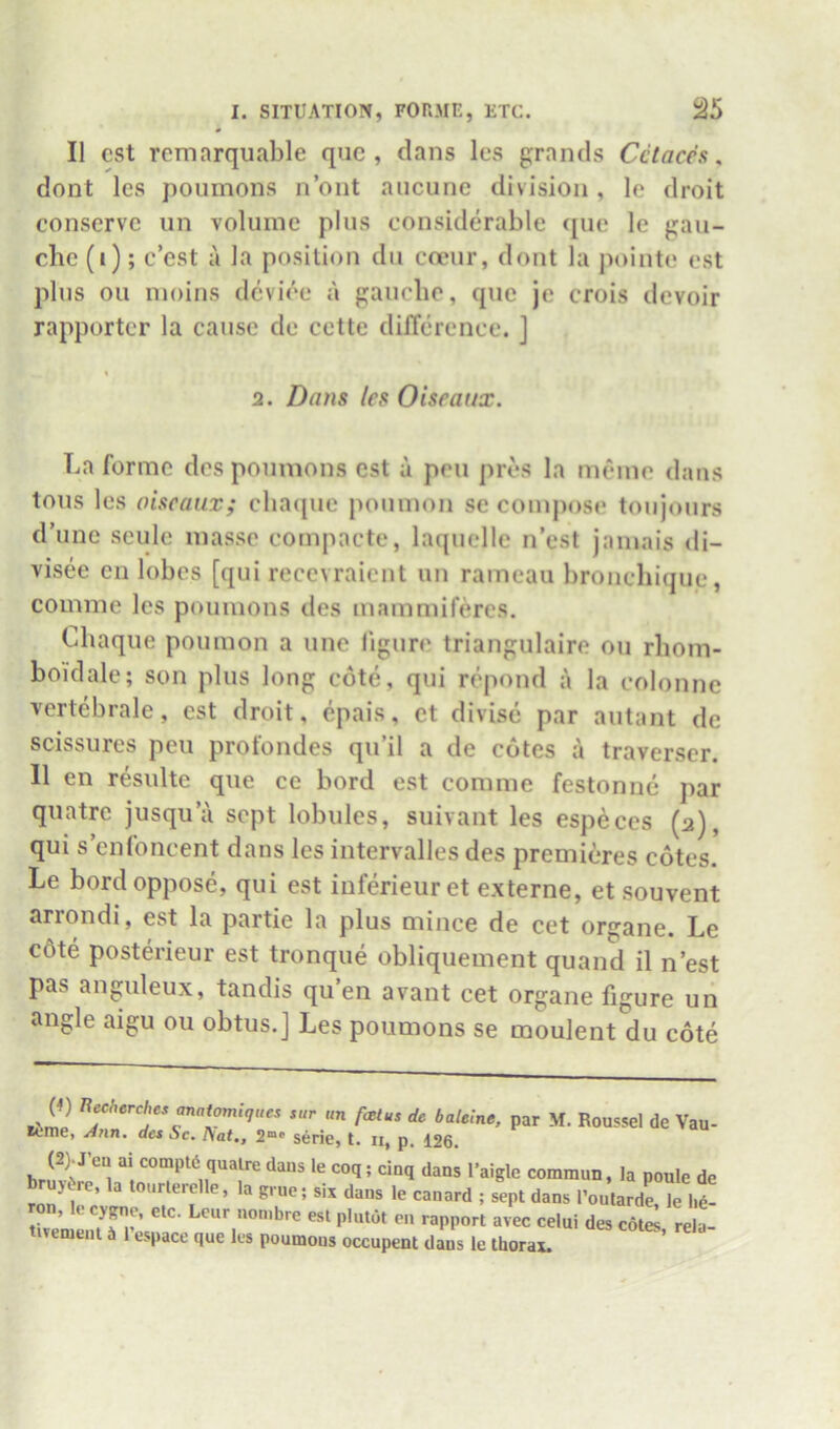 II cst reniarquable quo, dans les grands Cctaces, dont les poumons n’ont aucune division, le droit conserve un volume plus considerable que le gau- che (i); e’est a la position du coeur, dont la pointe est plus oil moins device a gauche, quo je crois devoir rapporter la cause de cette dilTcrencc. ] 2. Dans les Oiseaux. La forme des poumons est u pen pres la meme dans tons les oiseaux; cha([ue poumon se compose toujours d’une scule masse compacte, laquelle n’est jamais di- visee en lobes [qui recevraient un rameau bronchique, comme les poumons des mammiferes. Chaque poumon a une figure triangulaire ou rhom- boidale; son plus long cote, qui repond a la colonne vertebrale, est droit, epais, et divisc par autant de scissures pen profondes qu’il a de cotes a traverser. 11 en resulte que ce bord est comme festonne par quatre jusqua sept lobules, suivant les especes (2), qui s’enfoncent dans les intervalles des premieres cotes. Le bord oppose, qui est iuferieuret externe, et souvent arrondi, est la partie la plus mince de cet organe. Le c6te posterieur est tronque obliquement quand il n’est pas anguleux, tandis qu’en avant cet organe figure un angle aigu ou obtus.] Les poumons se moulent du cote ,„r «n f<Btus de balelne, par M. Roussel de Vau- Eime, Ann. des Sc. I\at.. 2“« serie, t. ii, p. 126. brujere. la lourterelle, la grue; six dans le canard ; sept dans I’outarde, le 1.6- tireniST’ ^ <=®lui des cotes, rela- tiTenienl i 1 espace que les poumons occupent dans le thorax.