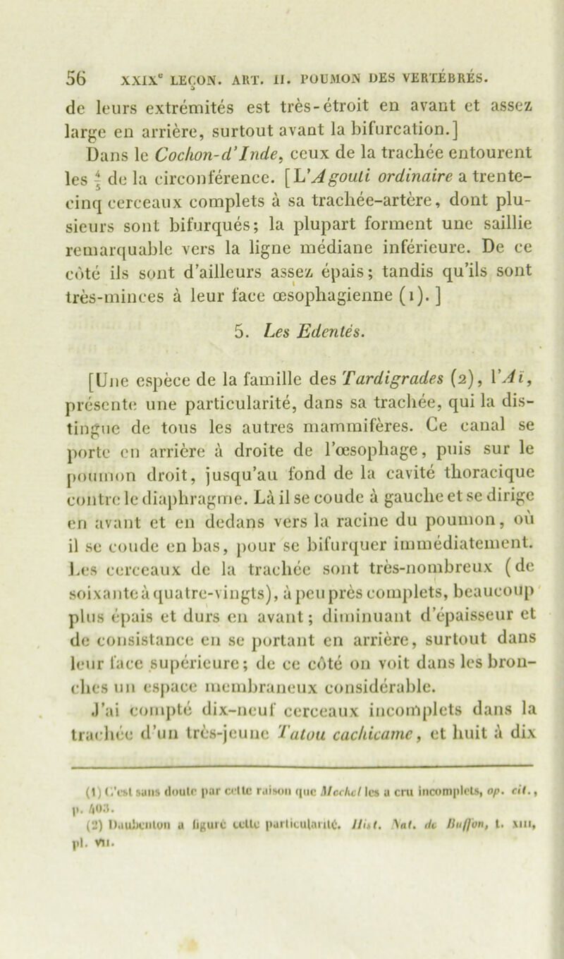 d de leurs extremites est tres-etroit en avant et assez large en arriere, surtout avant la bifurcation.] Dans le Cochon-d’Inde, ccux de la tracliee entourent les I de la circonference. [VAgouti ordinaire a trente- einq cerceaiix complets a sa trachee-artere, dont plu- sieurs sont bifurques; la plupart forment unc saillie reniarquable vers la ligne mediane inferieure. De ce cote ils sont d’ailleurs assez epais; tandis qu’ils sont tres-minces a leur face oesophagienne (i). ] 5. Les Edentes. [Ujie espece de la fainille des Tardigrades (2), VAi, prescnte une particularite, dans sa tracliee, qui la dis- tingue de tons les autres niammiferes. Ge canal se portc en arriere a droite de Toesophage, pnis sur le pouinon droit, jusqu’aii fond de la cavite tlioracique contre le diaphragme. La il se coude a gauche et se dirige en avant et en dedans vers la racine du pouinon, ou il se coude en bas, pour se bifurquer inmiediateiiient. Les cerceaux de la tracliee sont tres-nonibreux (de soixantoa([uatrc-vingts), a pen pres complets, beaucoup' plus epais et durs en avant; dimiiiuant d’epaisseur et de consistance en se portant en arriere, surtout dans leur face supericure; de ce cote on voit dans les bron- clies un espace nieiiibraneux considerable. .I’ai conqite dix-neuf cerceaux incotUplets dans la tra<-hcc d’un trcs-jeuiie Talou cachicamc, et liuit i dix (») sans (loulr par cHlc raison (pic Mechel les a cm inconiplcls, op. cil., p. /jO.’l. (2) DauBcnlun u li^urc tcUc parlicularUC. Hitt. !\al. de liiipon, t. Mii, pi. VII.