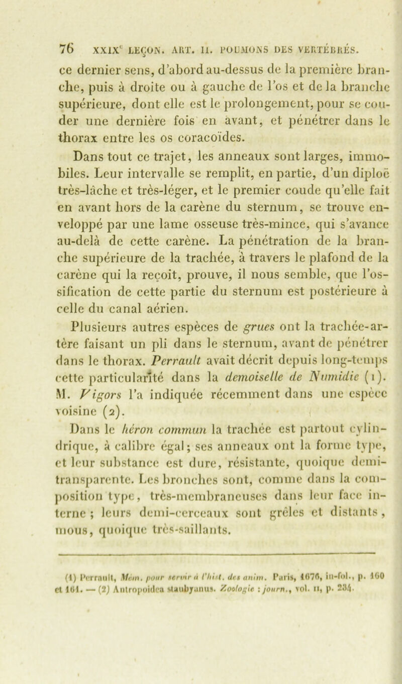 ce dernier sens, d’abord au-dessus de la premiere bran- chc, puis a droite ou a gauche de I’os et de la branclie superieure, dont elle est le prolongeinent, pour se cou- der une derniere fois en avant, et penetrer dans le thorax entre les os coracoides. Dans tout ce trajet, les anneaux sont larges, immo- biles. Leur intervalle se remplit, en partie, d’un diploc Ires-lache et tres-leger, et le premier coude qu’elle fait en avant hors de la carene du sternum, se trouve en- veloppe par une lame osseuse tres-mince, qui s’avance au-dela de cette carene. La penetration de la bran- che superieure de la trachee, a travers le plafond de la carene qui la recoit, prouve, il nous semble, que I’os- sification de cette partie du sternum est posterieure a celle du canal aerien. Plusieurs autres especes de grues ont la trachee-ar- tere faisant un pli dans le sternum, avant de penetrer dans le thorax. Perrault avait decrit de})uis long-temps cette particularlte dans la demoiselle de Ntimidic (i). M. Vigors I’a indiquee recemment dans une cspece voisine (2). • ( Dans le heron commun la trachee est partoiit cvlin- drique, a calibre egal; ses anneaux ont la forme type, et leur substance est dure, resistante, quoique demi- transpanmte. Lesbronches sont, comme dans la com- position type, tres-mernbraneuses dans leur face in- terne ; leurs demi-eerceaux sont grcles et distants , mous, quoique tres-saillauts. (\) Pcrroult) Mem, pour tennni Chin, da anim. Paris, iii-fol., p. 160 Cl 161. — (2^ Aiitrnpoidca sUubyanus. Xoctogle : journ,, vol. n, p. 234-