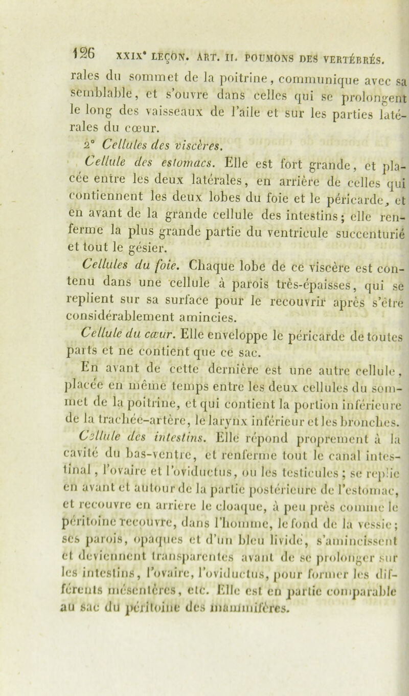 rales du sommet de la poitrine, comiininiqiie avec sa sciiiblable, ct soiivre dans cellcs qui sc prolongent le long dcs vaisseaux de laile et sur les parties late- rales dii coeur. 2“ Cellules (les visceres. Cellule (les eslomacs. Elle est fort grande, ct pla- cce entre les deux laterales, en arriere de celles qui contiennent les deux lobes du foie et le perieardcj et cn avant de la grande cellule des intestins; elle ren- ferine la plus grande partie du ventrieule succenturie et tout le gesier. Cellules du foie. Chaque lobe de cc viscere est con- tenu dans une cellule a parois tres-cpaisses, qui se replient sur sa surface pour le rccouvrir apres s’etre considerablement amincies. Cellule du ca;ur. Elle enveloppe le pcricarde detoutes paits ct ne contient que ce sac. En avant de cctte dcrnicre est une autre cellule, j)lacee en uienic temps entre les deux cellules du som- luet de la poitrine, etqui contient la portion inferieure de la tracliec-artcrc, le larynx infericur et les broncbes. Csllule des intestins. Elle repond proprement a la cavite du bas-ventrc, et renferme tout le canal intes- tinal , I’ovaire et roviductus, on les testicules; se replie en avant el aulourdc la partie [loslerieure de restomac, el recouvre en arriere le cloacjue, a peu pres coinme le periloineTecouvre, dans riiomme, lefond de la vessie; ses parois, opaques el d’lin bleu livide, s’amincisseiit et deviennenl transparenles avant de se j)rolonger sur les intestins, I’ovaire, roviductus, pour former b*s dif- fereuls rnesenlcrcs, etc. I'dle est en jiartic comj)aralde au sac du ])criloint* des maiiJmifi'rcs.