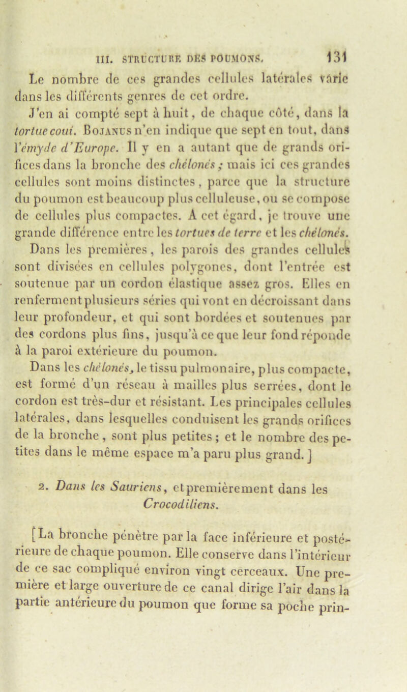 Le nomhre clc ccs grancles cellules laterales VRrie dans Ics (Ilfferonts genres de cet ordre. J’en ai compte sept a hiiit, de cliaque cdte, dans la lortuecoui. BoJANUsn’en indiqiie qiie septen tout, dans Vemyde d’Europe. II y en a aiitant que de grands ori- fices dans la bronche des clieloncs ; inais ici ces grandes cellules sont nioins distinctes, parce que la structure du poumon estbcaucoup plus cclluleiise, on se compose de cellules plus conipactcs. A cet egard, je trouve une grande dilTerence entre les tortuex de terre et les clielones. Dans les premieres, les parois des grandes cellulein sont divisces en cellules polygones, dont I’entree cst souteniie par un cordon elastique assex gros. Elies en renfermcntplusieurs series qui vont en decroissant dans Iciir profondeur, et qui sont bordees et souteniies jiar des cordons plus fins, )usqu’uceque leiir fond repoude ^ la paroi exterieure du poumon. Dans les chclones, le tissu pulmonaire, plus compacte, cst forme d’un reseau a maillcs plus serrees, dont le cordon est tres-dur et resistant. Les principals cellules laterales, dans lesquelles conduisent les grands orifices de la bronche , sont plus petites; et le nombre des pc- tites dans Ic meme espace m’a paru plus grand. J 2. Dans les Sauriensj etpremierement dans les Crocodiliens. [La bronche penetre par la face inferieure et poste- rieiire de chaque poumon. Elle conserve dans I’intericur de ce sac complique environ vingt cerceaux. Une pre- miere et large ouverturede ce canal dirige I’air dans la partic antcrieuredu }X)uraon que forme sa poclie prin-