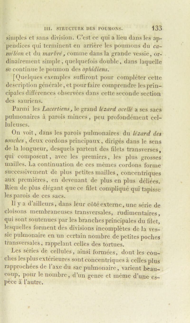siiiipJes ct sans divisicm. ('/ost re qui a lieu dans les ap- pendices qni terniinent en arriere les poinnons du ca- me Icon et dll marbre j eomnie dans la j^rande vessie, or- dinairenient simple, quelqnel'ois double, dans laquelle se continue le jimimon des ophidiens. [Quclqnes exeniples suHlront pour eomjdeter cette description generale,et pourfaire cornprendre lesprin- cipales dilTerenees observees dans cette seconde section des sanriens. Parmi les Lacertiens, le grand Iczard ocelle a ses sacs pidmonaires a parois minces, pen profondement cel- Inlciises. On voit, dans les parois pulmonaires du Iczard des smichcs , deux cordons principaux, diriges dans le sens de la longueur, desquels partent des lilcts transverses, qui composent, avec les premiers, les plus grosses mailles. La continuation de ces memes cordons forme succcssivcment de plus petites mailles, concentriques aux premieres, cn devenant de plus en plus deliees. Ricn de plus elegant que ce filet eomplique qui tapisse les parois de ces sacs. 11 y a d’ailleiirs, dans leur c6teexterne, line serie de eloisons membraueuses transversales, rudimentaires, qui sont soutenues par les branches principales du filet, lesquelles torment des divisions incompletes de la ves- sie pulmonaire en iin certain nombre de petites poches transversales, rappelant celles des tortues. Les series de cellules, ainsi formees, dont les cou- ches les plus exterieures sont concentriques a celles plus rapprochees de I’axe du sac pulmonaire, varient beau- coup, pour le nombre, d’un genre et meme d’une es- pece i' I’autre.