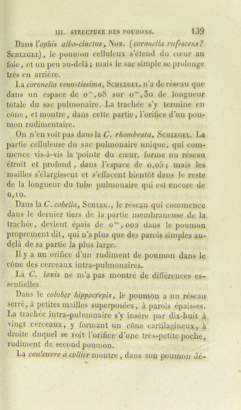 Dans Vophis albo-ciiiclus, (^cnruficllu rufescens? Sciilegel) , le poumoii cellulcux s’etend tin ctuur au I'oie , et nil pen au-dcla ; mais le sac simple se piolouge ti es eii a mere. La coronella veiuntissima, Sciilegel, n’a de reseau que dans un espace de o'“',o8 sur o“‘,3o de longueur tolale du sac pulinonaire. La tracliee s’y termine en cone, etinontre, dans cette partie, rorilice d’un pou- mon rudiinenlaire. On n’en voit pas dans la C. rhombeatay Sculegel. I.a jiartie celluleuse du sac pulmonaire unique, qui com- mence vis-a-vis la'puinte du.cuiur, loruie uu reseau etroit et jirofond , dans I’espace de o,o5 ; uiais les mailles s’elargissent et s’elTacent bientdt dans le reste de la longueur du tube pulmonaire qui esl encore de 0,10. Dans la C. cobella, Sciileg., le reseau qui commence dans le dernier tiers de la partie membraneuse de la traeliee, devient epais de o“’ ,ooa dans le poumon proprement dit, qui u’aplus que des parois simples au- dela de sa partie la plus large. 11 y a un orifice d’un rudiment de poumon dans le cone des cerceaux intra-pulinonaircs. La C. Ixvis ne m’a pas montre de differences cs- sentielles. Dans le coluber hippper'epis, le poumon a un reseau serre, petites mailles superposees, a parois epaisses. La tracliee intra-pulmonaire s’y insere par dix-huit a vingt cerceaux, y formant un c6iie cartilagineux, a droite duquel se yoit I’orilice d’une tres-petite poche, rudiment de second poumon. La coulcuvre a collur montre , dans son poumon de-