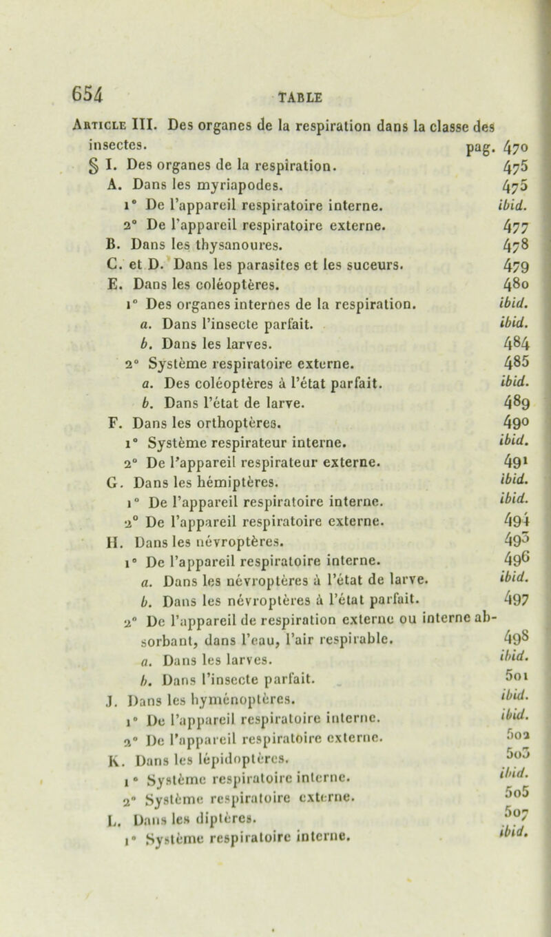 Article III. Des organes de la respiration dans la classe des insectes. pag. § I. Des organes de la respiration. A. Dans les myriapodes. 1“ De I’appareil respiratoire interne. 2 De Tappareil respiratoire externe. B. Dans les thysanoures. C. et D. Dans les parasites ct les suceurs. E. Dans les coleopteres. r Des organes internes de la respiration. a. Dans I’insecte parfait. b. Dans les larves. 2“ Systeme respiratoire externe. a. Des coleopteres a I’etat parfait. b. Dans I’etat de larre. F. Dans les orthopteres. 1® Systeme respirateur interne. 2“ De I’appareil respirateur externe. G. Dans les hemiptires. i“ De I’appareil respiratoire interne. 2° De I’appareil respiratoire externe. H. Dans les nevroptferes. 1 De I’appareil respiratoire interne. a. Dans les nevropteres a I’etat de larve. b. Dans les nevropteres A I’etat parfait. 2 De I’appareil de respiration externe ou interne ab- sorbant, dans I’cau, I’air respirable. a, Dans les larves. b. Dans I’insecte parfait. J. Dans les bymcnoptercs. 1® De I’appareil respiratoire interne. 2® De I’appareil respiratoire externe. K. Dans les lepidoptercs. 1 <* Syslime respiratoire interne. 2 Systtme respiratoire externe. L. Dans les diplercs. 1* Systeme respiratoire interne. 470 475 475 ibid. 477 478 479 480 ibid, ibid. 484 485 ibid. 489 490 ibid. 49* ibid. ibid. 494 490 496 ibid. 497 498 ibid. 5oi ibid. ibid. ibid. 5o5 507 ibid.