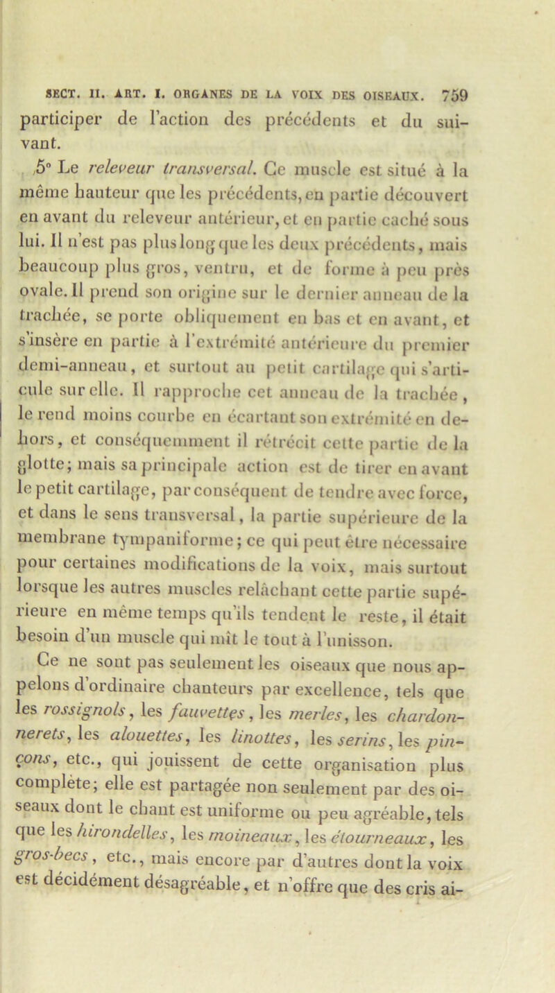 participer de Faction dcs precedents et du sui- vant. ,5° Le releveur transversal. Ge muscle est situe a la rneme hauteur queles precedents,en partie decouvert en avant du releveur anterieur,et eu partie cache sous lui. 11 n est pas plus long que les deux precedents, mais beaucoup plus gros, ventru, et de forme a peu pres ovale. 11 prend son origine sur le dernier anneau de la trachee, se porte obliquement en has ct en avant, et s insere en partie a 1 extremite anterieure du premier demi-anneau, et surtout au petit cartilage (pii s’arti- cule surclle. 11 rapproche cet anneau de la trachee, le rend moins courhe en ecartant son exlremite cn de- hors, ct consequemment il retrecit cette partie de la glotte; mais saprincipalc action est de tirerenavant le petit cartilage, par consequent de tendreavec force, et dans le sens transversal, la partie superieure de la membrane tympaniforme; ce qui pent etre necessaire pour certaines modifications de la voix, mais surtout lorsque les autres muscles relacbant cette partie supe- rieure en rneme temps qu'ils tendeut le reste, il etait besoin d’uu muscle qui nut le tout a l’unisson. Ce ne sont pas seulemeut les oiseaux que nous ap- pelons d’ordinaire chanteurs par excellence, tels que les 7 oss ig no Is, les fauvettes, les merles, les chaidon- nereti, les alouettes, les lino ties, les serins, les pin- com, etc., qui jouissent de cette organisation plus complete; elle est partagee non seulement par des oi- seaux dont le chant est uniforme ou peu agreable, tels que les lurondelles, les rnoineaux, les etourneaux, les gros-becs, etc., mais encore par d’autres dont la voix est decidement desagreable, et n’offre que des cris ai-