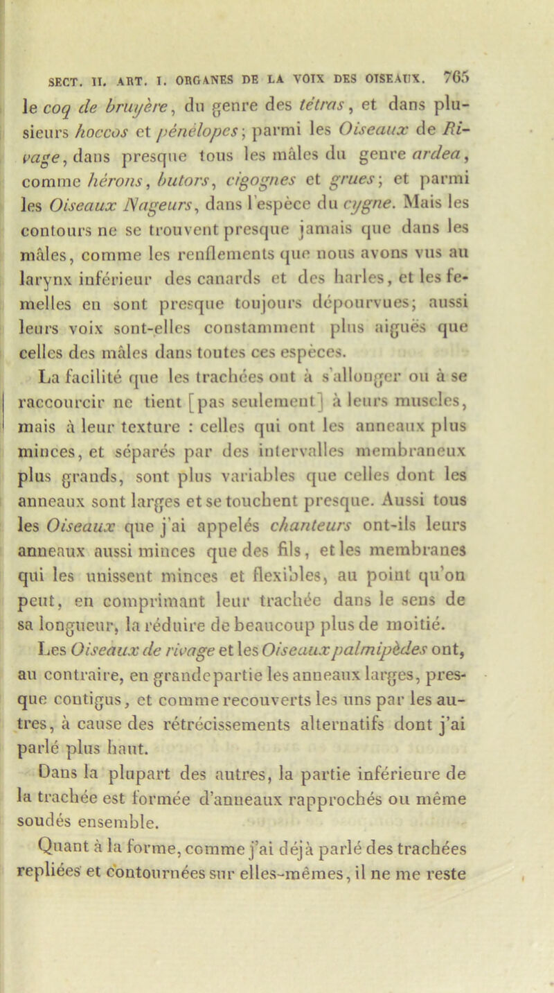 \ecoq de bruyere, du genre des tetras, et dans plu- sieurs hoccos ct penelopes; parmi les Oiseaux de /?/- vage, dans presque lous les males du genre ardea, comme herons, butors, vigognes et grues; et parmi les Oiseaux JSageurs, dans 1 espece du cygne. Mais les contours nc se trouvent presque jamais que dans les males, comme les renflements (jue nous avons vus au larynx inferieur des canards et des hnrles, et les fe- melles en sont presque toujours depourvues; aussi leurs voix sont-ellcs constamment plus aigues que celles des males dans toutes ces especes. La facilite que les trachces out a s’allonger on a se raccourcir nc tient [ pas seulement 1 a leurs muscles, mais a leur texture : cedes qui out les anneaux plus minces, et scpares par des intervalles membraneux plus grands, sont plus variables que cedes dont les anneaux sont larges etsetouchent presque. Aussi tous les Oiseaux que j'ai appeles chanteurs ont-ils leurs anneaux aussi minces que des fils, etles membranes qui les uuissent minces et flexibles, au point qu'on pent, en comprimant leur track^e dans le sens de sa longueur, la reduire de beaucoup plus de moitie. Les Oiseaux de rivage et les Oiseaux palmipedes ont, au contraire, en grandepartie les anneaux larges, pres- que coutigus, et comme reconverts les 11ns par les au- tres, a cause des retrecissements alternatifs dont j’ai parle plus bant. Dans la plupart des autres, la partie inferieure de la trachee est formee d’anneaux rapproches on meme soudes ensemble. Quant a la forme, comme j’ai deja parle des trachees repliees et contournees sur elles-memes, il ne me reste
