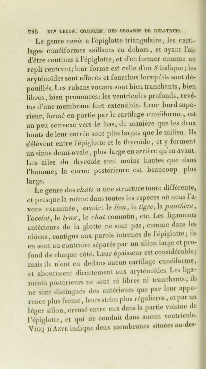 Le genre canis a lepiglotte triangulaire, les carti- lages cuneiformes saillants en dehors, et ayant Fair d’etre continus al’epiglotte, et den former comme un repli rentranl; leur forme est celle d un S italique; les arytenoides sont effaces et fourchus lorsqu’ils sont de- pouilles. Les rubans vocaux sont bien tranchants, bien libres, bien prononces; les ventricules profonds, reve- tus d’une membrane fort extensible. Leur bord supe- rieur, forme en partie par le cartilage cuneiforme, est un peu convexe vers le bas, de maniere que les deux bouts de leur entree sont plus larges que le milieu. Ils s elevent entre lepiglotte et le thyroide, et y forment un sinus demi-ovale, plus large en arriere qu en a\aut. Les ailes du thyroide sont moins hautes que dans l’homme; la corne posterieure est beaucoup plus large. Le genre des elicits a une structure toute diffei cute, et presque la meine dans toutes les especes oil nous 1 a- vons examinee, savoir: le lion, le ligre, la panthere, Xocelot, le lynx, le chat commtin, etc. Les ligaments anterieurs de la glotte ne sont pas, comme dans les chiens, contigus aux parois internes de lepiglotte; ils en sont au contraire separes par un sillon lai’ge et pro- fond de chaque c6te. Leur epaisseur est considerable; mais ils n out en dedans aucun caitilagc cuneiloimc, et aboutissent directement aux arytenoides. Les liua ments postericurs ne sont ni libres ni tranchants; ils ne sont distingues des anterieurs que par 1cm appa rence plus ferine, lours stries plus reguliercs, et par un leger sillon, creus6 entre eux dans la partie voisine dc lepiglotte, et qui ne conduit dans aucun ventneu e. Vicq d’Azyr iudique deux membranes situdes au-des-