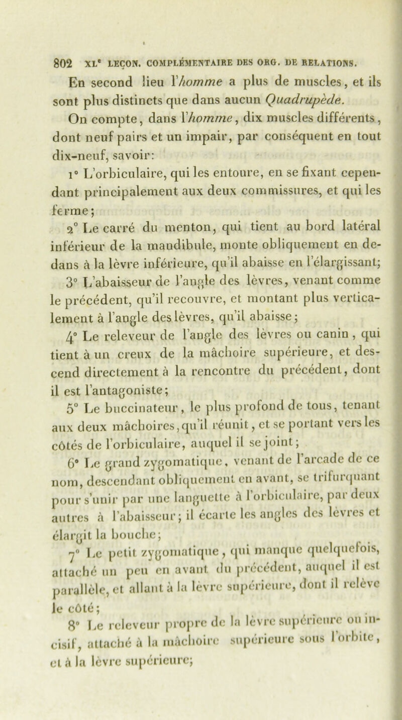 En second lieu Xhomme a plus de muscles, et ils sont plus distincts que dans aucun Quadrupede. On compte, dans Xhomme, dix muscles differents, dont neuf pairs et un impair, par consequent en tout dix-neuf, savoir: i° L’orbiculaire, qui les entoure, en se fixant cepeti- dant prinoipalement aux deux commissures, et qui les ferine; 2° Le carre du menton, qui ticnt au bord lateral inferieur de la mandibule, monte obliquemeut en de- dans a la levre inferieure, qu’il abaisse en lelargissant; 3° L’abaisseur de Tangle des levres, venant comme le precedent, qu’il recouvre, et montant plus vertica- lement a Tangle des levres, qu’il abaisse; 4° Le releveur de Tangle des levres ou canin , qui tient aun creux de la macboire superieure, et des- cend directement a la rencontre du precedent, dont il est Tantagoniste; 5° Le buccinateur, lc plus prolond de tous, tenant aux deux macboires, qu’il reunit, et se portant vers les c6tes de Torbiculaire, auquel il se joint; 6° Le grand zygomatique, venant de 1 arcade de ce nom, descendant obliquemeut en avant, se trifurquant pour s’uuir par line languette a 1 orbiculaire, pai deux autres a Tabaisseur; il ecarte les angles dcs levres et elargit la bouebe; Le petit zygomatique , qui manque quelquefois, attach^ un pen en avant du precedent, auquel il est parallel^, et allant a la levre superieure, dont il relevc le c6te; 8° Le releveur propre de la levre superieure ou in- cisif, attache a la macboire superieure sous lorbitc, cl a la levre superieure;