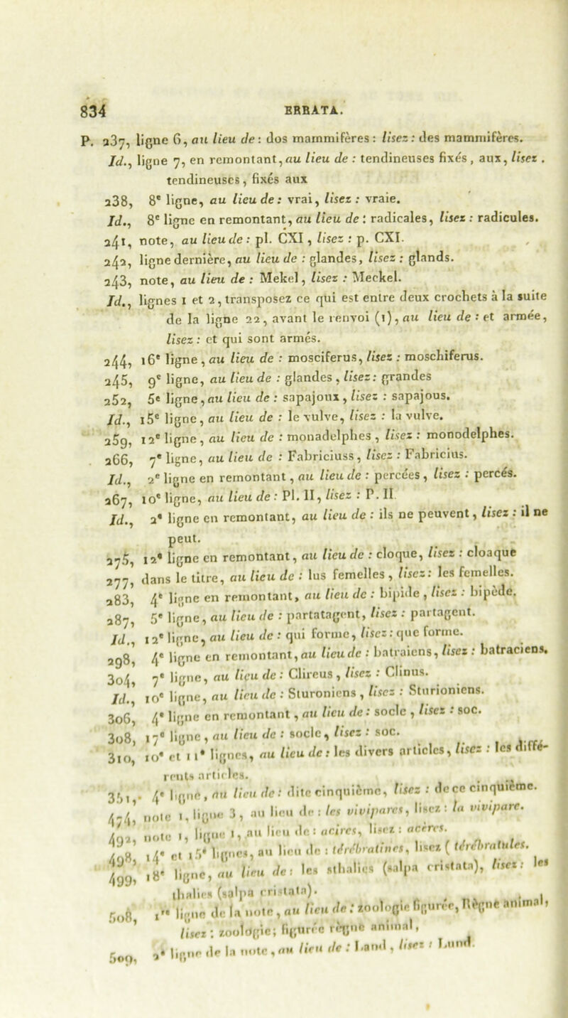 P. 337, Id., a38, Id., a4i, 24a, 243, Id., 244, 245, 252, Id., aSg, 366, Id., 267, Id., 375, *77> a83, 387, Id., 298, 3o4, Id., 3o6, 3o8, 3io, 351, 4 7 4* 4'Ja» 498, 499» Soft, 5oo, ligne 6, ait lieu de: dos marnmiferes : Use.s: des marnmiferes. ligne 7, en remontant,au lieu de : tendineuses fixes, aux, lisez . tendineuscs, fixes aux 8' ligne, au lieu de: vrai, lisez: vraie. 8' ligne en remontant, au lieu de : radieales, lisez : radicules. note, au lieude: pi. CXI, lisez : p. CXI. ligne derniere, au lieu de : glandes, lisez ; glands, note, au lieu de : Mekel, lisez : Meckel. lignes 1 et 2, transposez ce qui est enlre deux crochets a la suite de la ligne 22, avant le renvoi (1), au lieu de : et armee, lisez : et qui sont armes. 16' ligne , au lieu de : mosciferus, lisez : moschiferus. 9' ligne, au lieu de : glandes , lisez: grandes 5« ligne,au lieu de : sapajoux , lisez : sapajous. l5e ligne, au lieu de : Ie \ulve, lisez : la vulve. 12' ligne , au lieu de : monadelphes , lisez : monodelphes. -« ligne, au lieu de : Fabriciuss, lisez : Fabricius. 2« ligne en remontant, au lieu de : perce'es, lisez : perce's. to* ligne, au lieu de : Pi. II, lisez : P. It. 2* ligne en remontant, au lieu de : its ne peuvent, lisez : il ne peut. 12* ligne en remontant, au lieude : cloque, lisez : cloaque dans le litre, au lieu de : lus femelles , lisez: Ies femelles. 4* ligne en remontant, au lieu de : bipide , lisez : bipede. 5* ligne, au lieu de : partatagent, lisez : partagent. 12* ligne, au lieu de : qui Forme, /ises:que forme. 4* ligne en remontant,au lieude : bntraiens, lisez : batraciens, 7« ligne, au lieu de : Clircus , lisez : Clinus. ir>* ligne, au lieu de : Sluroniens , lisez : Sturiomens. 4* ligne en remontant, au lieu de: socle , lisez : soc. 17* ligne , au lieu de : socle, lisez : soc. ,o« cl , ,• lignes, au lieu des les divers articles, lisez : les diffe- rent* articles. 4# I,g„e, au lieu de: dite einquifttne. Use: : dece cinquieme. n„ie /, ligne 3, au lieu dr : les viviparcs, Itsef.la vivipare. note 1, ligne I, an lieu de : adres, Ii«ex : aerres. , A' ct 15* lignes, an lieu .le : IM,ratines, l.se* ( (MratuleS. l8. ligne, u« leu de: t« stbalies Mpa cristata), l,set: l« llialie* (salpa rristata). , ,» ligne de la note , «« lieu de : xoologie figurcr, n^uf an.ma , lisez : zooldgie; figtir.'c rqjnc animal, ,* ligne de la note, au lien de : band , /«>* '