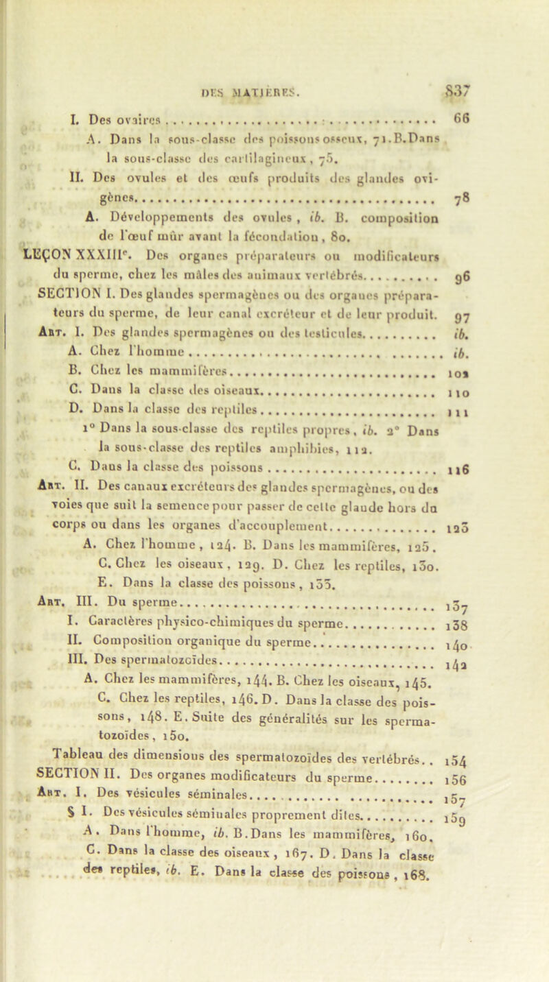 DES MAT1ERF.S. S37 I. Des ovaircs 66 A. Dans In sous-classc des poissous osscux, 7 1 .B.Pans la sous-classc ties cnrlilagincux, j5. II. Des ovules et des ceufs produits des glandes ori- gin es 78 A. Divcloppemcnts des ovules , ib. 13. composition de l'oeuf mur avant la ficondatiou, 80. LE£ON XXXIII**. Des organes pniparaleurs ou modificaleurs du sperme, chez les nudes des auimaux vrrldbrcs. . . . 96 SECTION I. Desglandes spcrmagincs ou des orgaues prepara- teurs du sperme, de leur canal excreleur el de lour produil. 97 Art. 1. Des glandes spermagenes ou des lesliculcs ib. A. Chez l'hommc ib. B. Chez les mammileres lo* C. Dans la classe des oiseaux iio D. Dans la classe des reptiles ill i° Dans la sous-classc des reptiles propres, ib. 1° Dans la sous-classe des reptiles anipliihies, UJ. C. Daus la classe des poissous llS Art. II. Des canaux excriteursdcs glandes spermagenes, ou des voies que suit la semeuce pour passer de cettc glaudc hors da corps ou dans les organes d'accouplement 120 A. Chez I homuic , 124. B. Dans les mammileres, 120. C. Chez les oiseaux , 129. D. Chez les reptiles, i3o. E. Dans la classe des poissous, i35. Art, III. Du sperme ,3^ I. Garactires physico-chimiques du sperme. i38 II. Composition organique du sperme III. Des spermalozcides A. Chez les mammiffcres, 144. B. Chez les oiseaux, 145. C. Chez les reptiles, i46. D. Daus la classe des pois- sons, 148. E. Suite des generalites sur les sperma- tozoides, i5o. Tableau des dimensions des spermalozoides des vertebras. . 154 SECTION II. Des organes modiGcateurs du sperme i56 Abt. I. Des vesicules seminales ,5_ Si. Des vesicules sbmiualcs proprement diles i5g A. Danslhomme, tb. B.Dans les mammileres, 160, C. Dans la classe des oiseaux, 167. D, Dans la classe de» reptile*, <6. E. Dans la classe des poissons, 168.