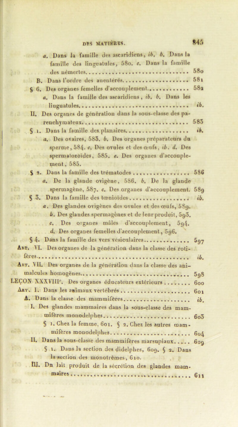 DTS MATIV.BES. a. Dans la famillc des ascaridiens, tb. b. Dans la famille des lingaatalcs, 58o. e. Dans la famille des uemerles 58o B. Dans 1’ordre des ancnlerfes 581 $ 6. Des organes femclles d'accouplemcnt 58a a. Dans la famille des ascaridicns, ib. b. Dans les liuguatules tb. II. Des organes de generation dans la sous-classe des pa- renchymatcus 585 § l. Dans la famillc des planaircs ib. a. Des ovaires, 583. b. Des organes prfeparatenrs dn sperme, 584. e■ Des ovules et desa-ufs, ib. d. Des sperm alozoidcs, 585. e. Des orgaues d’accouple- ment, 585. $ s. Dans la famille des treraatodes 586 a. Dc la glande ovigenc, 586. b. De la glandc spermagene, 587. c. Des organes d'accouplemcnt. 58g § 3. Dans la famillc des tcenioides ib. a. Des glandes ovigencs des ovules et des anils, 5St). b. Des glandes sperinagcnes et de Icorproduit, 590. c. Des oiganes males d’accouplement, 094. d. Des organes femelles d'accouplemcnt, 5g6. § 4- Dans la famille des vers vesicalaires 597 Art. VI. Des organes dc la generation dans la classe des roti- fercs fa Art. VIL Des organes de la generation dans la classe des ani- malcules homogfenes 5g8 LECON XAXVIII*. Des organes edueatcurs exlerieurs 600 Aar. I. Dans les aeimaux vertebres 601 A. Dans la classe des mammifferes I. Des glandes mammaires dans la sons-classe des mam- mifferes mouodelphes g03 § 1. Chez la femme, 601. § 2. Chez les autres mam- mifferes monodelphes 604 II. Dans la sous-classe des mammifferes marsupiaux 609 § 1. Dans la section des didelphes, 609. § q. Dans la section des monoti femes, 610. III. Dn lait produit de la secretion des glandes mam- maires 611