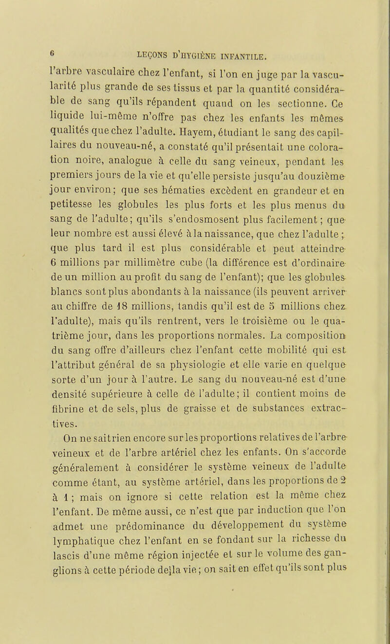 l'arbre vasculaire chez l'enfant, si l'on en juge par la vascu- larité plus grande de ses tissus et par la quantité considéra- ble de sang qu'ils répandent quand on les sectionne. Ce liquide lui-môme n'offre pas chez les enfants les mêmes qualités que chez l'adulte. Hayem, étudiant le sang des capil- laires du nouveau-né, a constaté qu'il présentait une colora- tion noire, analogue à celle du sang veineux, pendant les premiers jours de la vie et qu'elle persiste jusqu'au douzième jour environ; que ses hématies excèdent en grandeur et en petitesse les globules les plus forts et les plus menus du. sang de l'adulte; qu'ils s'endosmosent plus facilement; quê- teur nombre est aussi élevé à la naissance, que chez l'adulte ; que plus tard il est plus considérable et peut atteindre 6 millions par millimètre cube (la différence est d'ordinaire de un million au profit, du sang de l'enfant); que les globules blancs sont plus abondants à la naissance (ils peuvent arriver au chiffre de i8 millions, tandis qu'il est de 5 millions chez, l'adulte), mais qu'ils rentrent, vers le troisième ou le qua- trième jour, dans les proportions normales. La composition du sang offre d'ailleurs chez l'enfant cette mobilité qui est l'attribut général de sa physiologie et elle varie en quelque sorte d'un jour à l'autre. Le sang du nouveau-né est d'une densité supérieure à celle de l'adulte; il contient moins de- fibrine et de sels, plus de graisse et de substances extrac- tives. On nesaitrien encore surles proportions relatives de l'arbre veineux et de l'arbre artériel chez les enfants. On s'accorde généralement à considérer le système veineux de l'adulte comme étant, au système artériel, dans les proportions de 2 à 1 ; mais on ignore si cette relation est la même chez l'enfant. De même aussi, ce n'est que par induction que l'on admet une prédominance du développement du système lymphatique chez l'enfant en se fondant sur la richesse du lascis d'une même région injectée et sur le volume des gan- glions à cette période depa vie ; on sait en effet qu'ils sont plus