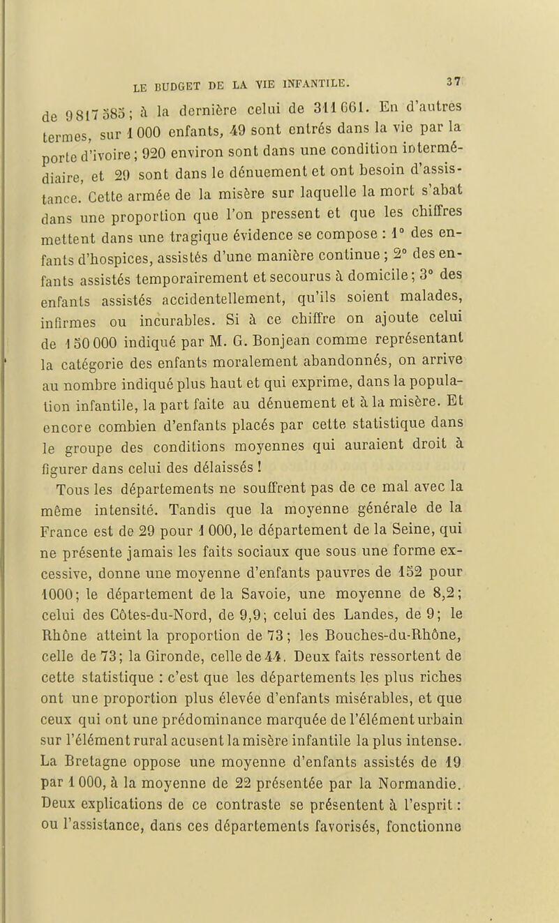 de 9 817 385; à la dernière celui de 814 661. En d'autres termes, sur 1000 enfants, 49 sont entrés dans la vie par la porte d'ivoire; 920 environ sont dans une condition intermé- diaire, et 29 sont dans le dénuement et ont besoin d'assis- tance.' Cette armée de la misère sur laquelle la mort s'abat dans une proportion que l'on pressent et que les chiffres mettent dans une tragique évidence se compose : 4° des en- fants d'hospices, assistés d'une manière continue ; 2° des en- fants assistés temporairement et secourus à domicile; 3° des enfants assistés accidentellement, qu'ils soient malades, infirmes ou incurables. Si à ce chiffre on ajoute celui de \ 30 000 indiqué par M. G. Bonjean comme représentant la catégorie des enfants moralement abandonnés, on arrive au nombre indiqué plus haut et qui exprime, dans la popula- tion infantile, la part faite au dénuement et à la misère. Et encore combien d'enfants placés par cette statistique dans le groupe des conditions moyennes qui auraient droit à figurer dans celui des délaissés ! Tous les départements ne souffrent pas de ce mal avec la même intensité. Tandis que la moyenne générale de la France est de 29 pour 4 000, le département de la Seine, qui ne présente jamais les faits sociaux que sous une forme ex- cessive, donne une moyenne d'enfants pauvres de 452 pour 4000; le département delà Savoie, une moyenne de 8,2; celui des Côtes-du-Nord, de 9,9; celui des Landes, de 9; le Rhône atteint la proportion de 73 ; les Bouches-du-Rhône, celle de 73; la Gironde, celle de M. Deux faits ressortent de cette statistique : c'est que les départements les plus riches ont une proportion plus élevée d'enfants misérables, et que ceux qui ont une prédominance marquée de l'élément urbain sur l'élément rural acusent la misère infantile la plus intense. La Bretagne oppose une moyenne d'enfants assistés de 49 par 1 000, à la moyenne de 22 présentée par la Normandie. Deux explications de ce contraste se présentent à l'esprit : ou l'assistance, dans ces départements favorisés, fonctionne