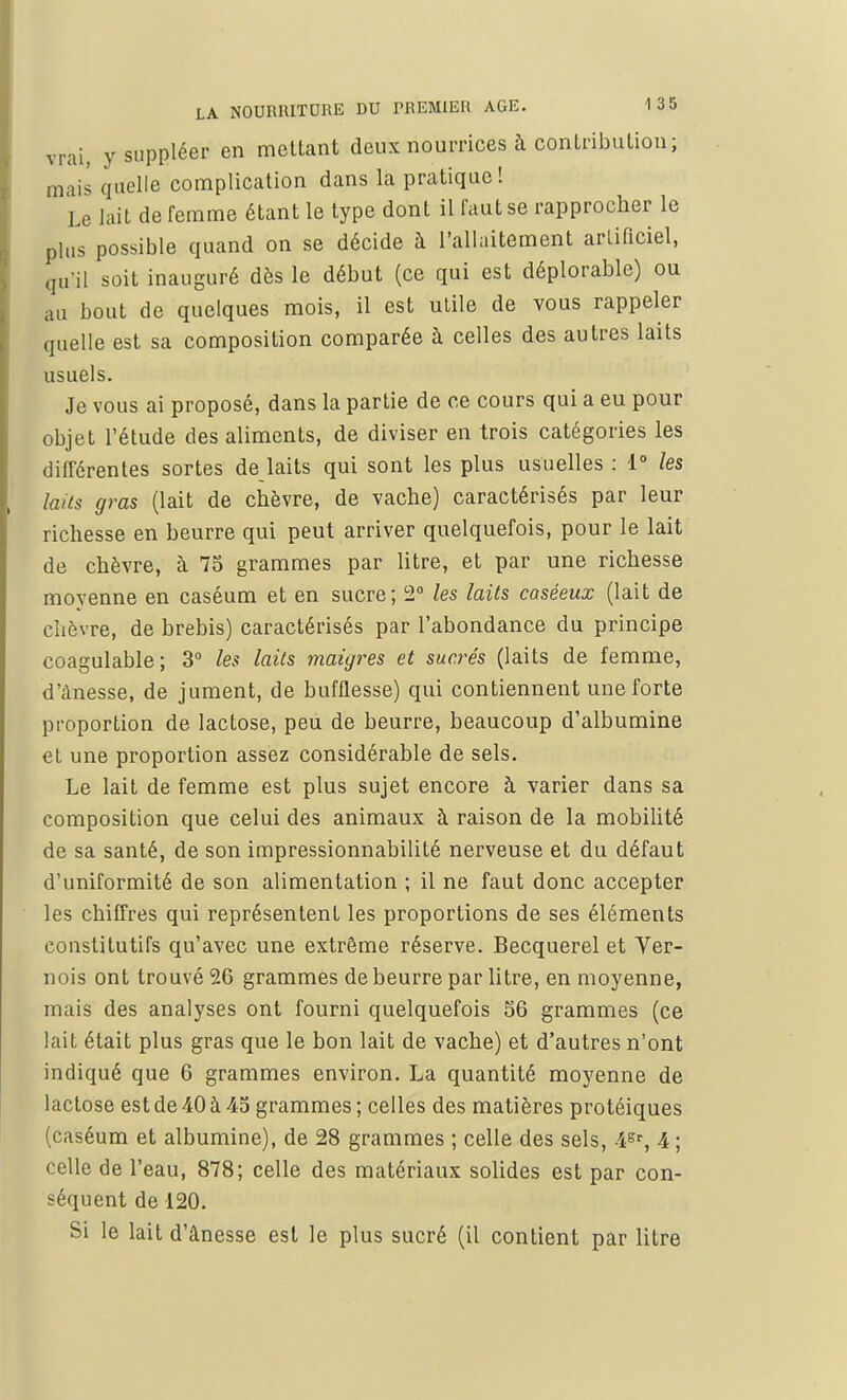 vrai, y suppléer en mettant deux nourrices à contribution; mais quelle complication dans la pratique! Le lait de femme étant le type dont il faut se rapprocher le plus possible quand on se décide à l'allaitement artificiel, qu'il soit inauguré dès le début (ce qui est déplorable) ou au bout de quelques mois, il est utile de vous rappeler quelle est sa composition comparée à celles des autres laits usuels. Je vous ai proposé, dans la partie de ce cours qui a eu pour objet l'étude des aliments, de diviser en trois catégories les différentes sortes de laits qui sont les plus usuelles : 1° les laits gras (lait de chèvre, de vache) caractérisés par leur richesse en beurre qui peut arriver quelquefois, pour le lait de chèvre, à 75 grammes par litre, et par une richesse moyenne en caséum et en sucre; 2° les laits caséeux (lait de chèvre, de brebis) caractérisés par l'abondance du principe coagulable; 3° les laits maigres et sucrés (laits de femme, d'ànesse, de jument, de bufflesse) qui contiennent une forte proportion de lactose, peu de beurre, beaucoup d'albumine et une proportion assez considérable de sels. Le lait de femme est plus sujet encore à varier dans sa composition que celui des animaux à raison de la mobilité de sa santé, de son impressionnabilité nerveuse et du défaut d'uniformité de son alimentation ; il ne faut donc accepter les chiffres qui représentent les proportions de ses éléments constitutifs qu'avec une extrême réserve. Becquerel et Ver- nois ont trouvé 26 grammes de beurre par litre, en moyenne, mais des analyses ont fourni quelquefois 56 grammes (ce lait était plus gras que le bon lait de vache) et d'autres n'ont indiqué que 6 grammes environ. La quantité moyenne de lactose est de 40 à 45 grammes ; celles des matières protéiques (caséum et albumine), de 28 grammes ; celle des sels, 4er, 4 ; celle de l'eau, 878; celle des matériaux solides est par con- séquent de 120. Si le lait d'ânesse est le plus sucré (il contient par litre