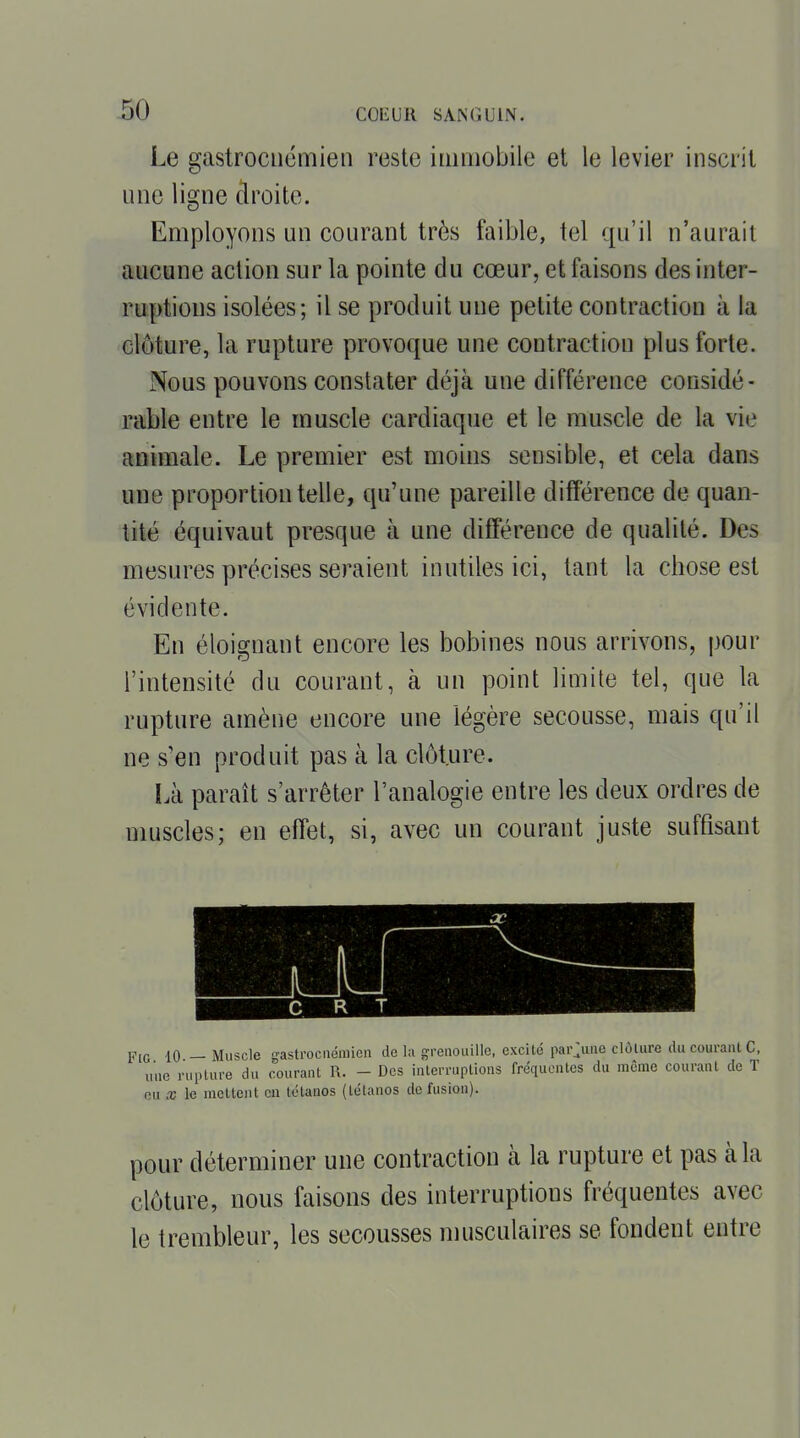 Le gastrociiémien reste immobile et le levier inscrit une ligne droite. Employons un courant très faible, tel qu'il n'aurait aucune action sur la pointe du cœur, et faisons des inter- ruptions isolées; il se produit une petite contraction à la clôture, la rupture provoque une contraction plus forte. Nous pouvons constater déjà une différence considé- rable entre le muscle cardiaque et le muscle de la vie animale. Le premier est moins sensible, et cela dans une proportion telle, qu'une pareille différence de quan- tité équivaut presque à une différence de qualité. Des mesures précises seraient inutiles ici, tant la chose est évidente. En éloignant encore les bobines nous arrivons, pour l'intensité du courant, à un point limite tel, que la rupture amène encore une légère secousse, mais qu'il ne s'en produit pas à la clôture. Là paraît s'arrêter l'analogie entre les deux ordres de muscles; en effet, si, avec un courant juste suffisant C R T F[G 10 — Muscle ijastrociiéiiiicn de la grenouille, excite par^uiie clôlure du couranl C, uuc ruplui-e du couranl R. - Des interruptions fréquentes du même courant de T eu x le mettent en tétanos (tétanos de fusion). pour déterminer une contraction à la rupture et pas à la clôture, nous faisons des interruptions fréquentes avec le trembleur, les secousses musculaires se fondent entre