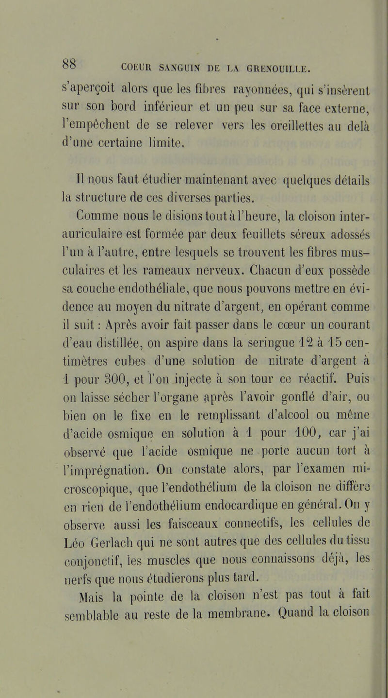 s'aperçoit alors que les fibres rayonnées, qui s'insèrent sur son bord inférieur et un peu sur sa face externe, l'empêchent de se relever vers les oreillettes au delà d'une certaine limite. Il nous faut étudier maintenant avec quelques détails la structure de ces diverses parties. Comme nous le disions tout à l'heure, la cloison inter- auriculaire est formée par deux feuillets séreux adossés l'un à l'autre, entre lesquels se trouvent les fibres mus- culaires elles rameaux nerveux. Chacun d'eux possède sa couche endolhéliale, que nous pouvons mettre en évi- dence au moyen du nitrate d'argent, en opérant comme il suit : Après avoir fait passer dans le cœur un courant d'eau distillée, on aspire dans la seringue 12 à 15 cen- timètres cubes d'une solution de nitrate d'argent à 1 pour 300, et l'on injecte à son tour ce réactif. Puis on laisse sécher l'organe après l'avoir gonflé d'air, ou bien on le fixe en le remplissant d'alcool ou même d'acide osmique en solution à 1 pour 100, car j'ai observé que l'acide osmique ne porte aucun tort à l'imprégnation. On constate alors, par l'examen mi- croscopique, que l'endothélium de la cloison ne diffère en rien de l'endothélium endocardique en général. On y observe aussi les faisceaux conneclifs, les celkiles de Léo Gerlach qui ne sont autres que des cellules du tissu conjonclif, les muscles que nous connaissons déjà, les nerfs que nous étudierons plus tard. Mais la pointe de la cloison n'est pas tout à fait semblable au reste de la membrane. Quand la cloison