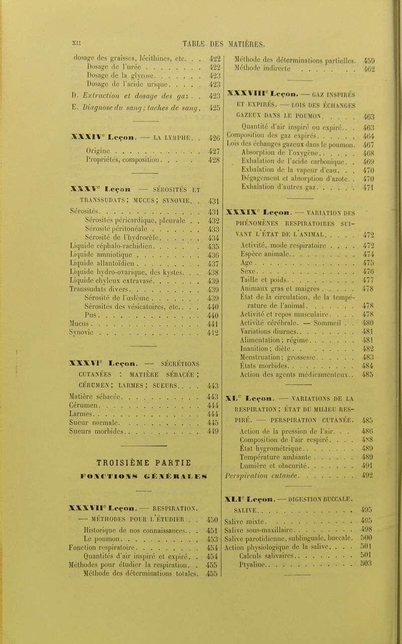 dosage des graisses, Ideithines, etc Dosage do l'urée Dosage de la glycose Dosage de l'acide urique. . . I». Extraction et dosage des ga E. Diagnosc dit sang; tacites de sang XXXIVe Leçon. LA LYMPHE. m 422 423 423 42.] 425 426 Origine 427 Propriétés, composition. 428 XXXVe I.cçon — SÉROSITÉS ET TRANSSUDATS; MUCUS ; SYNOVIE. . 431 Sérosités 431 Sérosités péricardique, pleurale . . 432 Sérosité périlonéalc 433 Sérosité de l'hydrocèle 434 Liquide céphalo-rachidien 435 Liquide amniotique 430 Liquide allantoïdien . 437 Liquide hydro-ovarique, des kystes. . . 438 Liquide chyleux extravasé 430 Transsudats divers 43!) Sérosité de l'œdème 439 Sérosités des vésiealoires, etc.. . . 440 Pus 440 Mucus 441 Synovie '412 XXXVIe Leçon. — SÉCRÉTIONS cutanées : matière sébacée ; cérumen; larmes; sueurs.. . . 443 Matière sébacée 443 Cérumen 444 Larmes. 444 Sueur normale 445 Sueurs morbides 449 TROISIEME PARTIE FONCTIONS GÉNÉRAI. ES XXXVIIe Leçon. — RESPIRATION — MÉTHODES POUR L'ÉTUDIER Historique de nos connaissances. Le poumon Fonction respiratoire Quantités d'air inspiré et ex|iiré Méthodes pour étudier la respiration Méthode des déterminations totales 450 451 453 45ï AU 455 455 Méthode des déterminations partielles. Méthode indirecte XXXVIIIe Leçon. — GAZ INSPIRÉS ET EXPIRÉS. —LOIS DES ÉCHANGES GAZEUX DANS J,E POUMON Quantité d'air inspiré ou expiré.. . Composition des gaz expirés Lois des échanges gazeux dans le poumon. Absorption de l'oxygène Exhalation de l'acide carbonique. . Exhalation de la vapeur d'eau. . . Dégagement et absorption d'azote. . Exhalation d'autres gaz 459 4(12 403 463 404 407 468 469 470 470 471 XXXIXe Leçon. — VARIATION DES PHÉNOMÈNES RESPIRATOIRES SUI- VANT l'état de l'animal 472 Activité, mode respiratoire .... 472 Espèce animale 474 Age 475 Sexe 470 Taille et poids 477 Animaux gras et maigres 478 Etat de la circulation, de la tempé- rature de l'animal 478 Activité et repos musculaire. . . . 17n Activité cérébrale. — Sommeil . . 480 Variations diurnes 4SI Alimentation ; régime 481 Inanition ; diète 482 Menstruation : grossesse 483 Étals morbides 484 Action des agents médicamenteux.. 485 XL0 Leçon. VARIATIONS DE LA respiration; état du milieu res- piré. PERSPIRATIO.N CUTANÉE. 485 Action de la pression de l'air. . . 486 Composition de l'air respiré. . . . 4X8 État hygrométrique 489 Température ambiante 489 Lumière et obscurité 491 Perspiration cutanée 492 XLIe Leçon. — DIGESTION BUCCALE. SALIVE 495 Salive mixte 495 Salive sous-maxillaire. . . 498 Salive parotidionne, sublinguale, buccale. 500 Action physiologique de la salive. . . - 501 Calculs salivaires 501 Plyaline 503