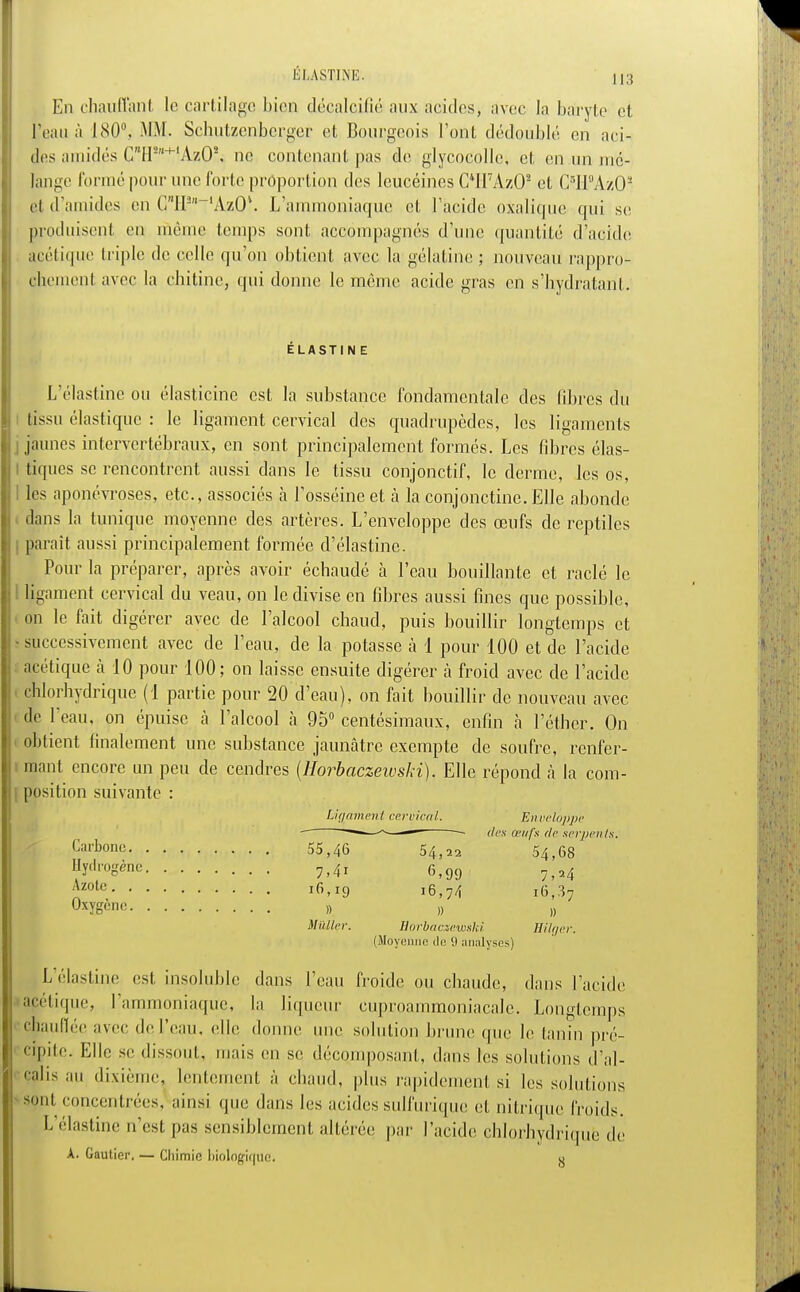 En chauffant le cartilage bien décalcifié aux acides, avec la baryte et l'eau à 180°. MM. Schutzenberger et Bourgeois l'ont dédoublé en aci- des amidés CIl2+lAz02, ne contenant pas de glycocolle, et en un mé- lange formé pour une forte proportion des leucéines OiFAzO2 et C3ll8Az02 el d'amides en ClP'xVzOl. L'ammoniaque et l'acide oxalique <]iii se; produisent en même temps sont accompagnés d'une quantité d'acide acétique triple de celle qu'on obtient avec la gélatine ; nouveau rappro- chement avec la chitine, qui donne le même acide gras en s'hydratant. ELASTIN E L'élastine ou élasticine est la substance fondamentale des libres du lissu élastique : le ligament cervical des quadrupèdes, les ligaments jaunes intervertébraux, en sont principalement formés. Les fibres élas- tiques se rencontrent aussi dans le tissu conjonctif, le derme, les os, les aponévroses, etc. , associés à l'osséineet à la conjonctine. Elle abonde dans la tunique moyenne des artères. L'enveloppe des œufs de reptiles paraît aussi principalement formée d'élastine. Pour la préparer, après avoir échaudé à l'eau bouillante et raclé le ligament cervical du veau, on le divise en fibres aussi fines que possible, on le fait digérer avec de l'alcool chaud, puis bouillir longtemps et successivement avec de l'eau, de la potasse à 1 pour 100 et de l'acide acétique à 10 pour 100; on laisse ensuite digérer a froid avec de l'acide chlorhydrique (1 partie pour 20 d'eau), on fait bouillir de nouveau avec de l'eau, on épuise à l'alcool à 95° centésimaux, enfin à l'éther. On obtient finalement une substance jaunâtre exempte de soufre, renfer- mant encore un peu de cendres (Horbaczeivski). Elle répond à la com- position suivante : Ligament cervical. Enveloppe ■ —-—-~- - des œufs de serpents. Carbone 55,46 54,22 54,68 Hydrogène 7,4i 6,99 7,H Azotc 16,19 i6,74 i6,37 Oxygène » » » Miiller. Borbacxewski Hilger. (Moyenne do <l analyses) L'élastine est insoluble dans l'eau froide ou chaude, dans l'acide acétique, l'ammoniaque, la liqueur cuproammoniacalc. Longtemps chauffée avec de l'eau, elle donne solution brune que le tanin pré- cipite. Elle se dissout, mais en se décomposant, dans les solutions d'al- calis au dixième, lentement à chaud, plus rapidement si les solutions sont concentrées, ainsi que dans les acides sulfurique et nitrique froids. L'élastine n'est pas sensiblement altérée par l'acide chlorhydrique de A. Gautier. — Chimie biologique,