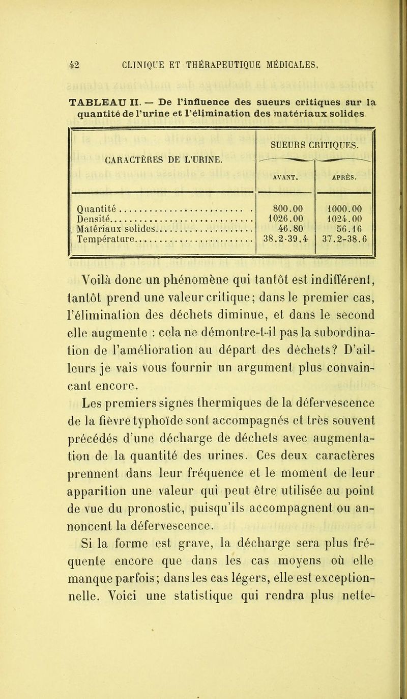 TABLEAU II. — De l’influence des sueurs critiques sur la quantité de l’urine et l’élimination des matériaux solides CARACTÈRES DE L’URINE. SUEURS CRITIQUES. AVANT. APRÈS. Quantité Densité 800.00 1026.00 46.80 38.2-39.4 1000.00 1024.00 56.16 37.2-38.6 Matériaux solides Température Voilà donc un phénomène qui tantôt est indifférent, tantôt prend une valeur critique; dans le premier cas, l’éliminalion des déchets diminue, et dans le second elle augmente : cela ne démontre-t-il pas la subordina- tion de l’amélioration au départ des déchets? D’ail- leurs je vais vous fournir un argument plus convain- cant encore. Les premiers signes thermiques de la défervescence de la fièvre typhoïde sont accompagnés et très souvent précédés d’une décharge de déchets avec augmenta- tion de la quantité des urines. Ces deux caractères prennent dans leur fréquence et le moment de leur apparition une valeur qui peut être utilisée au point de vue du pronostic, puisqu’ils accompagnent ou an- noncent la défervescence. Si la forme est grave, la décharge sera plus fré- quente encore que dans les cas moyens où elle manque parfois; dans les cas légers, elle est exception- nelle. Voici une statistique qui rendra plus nette-