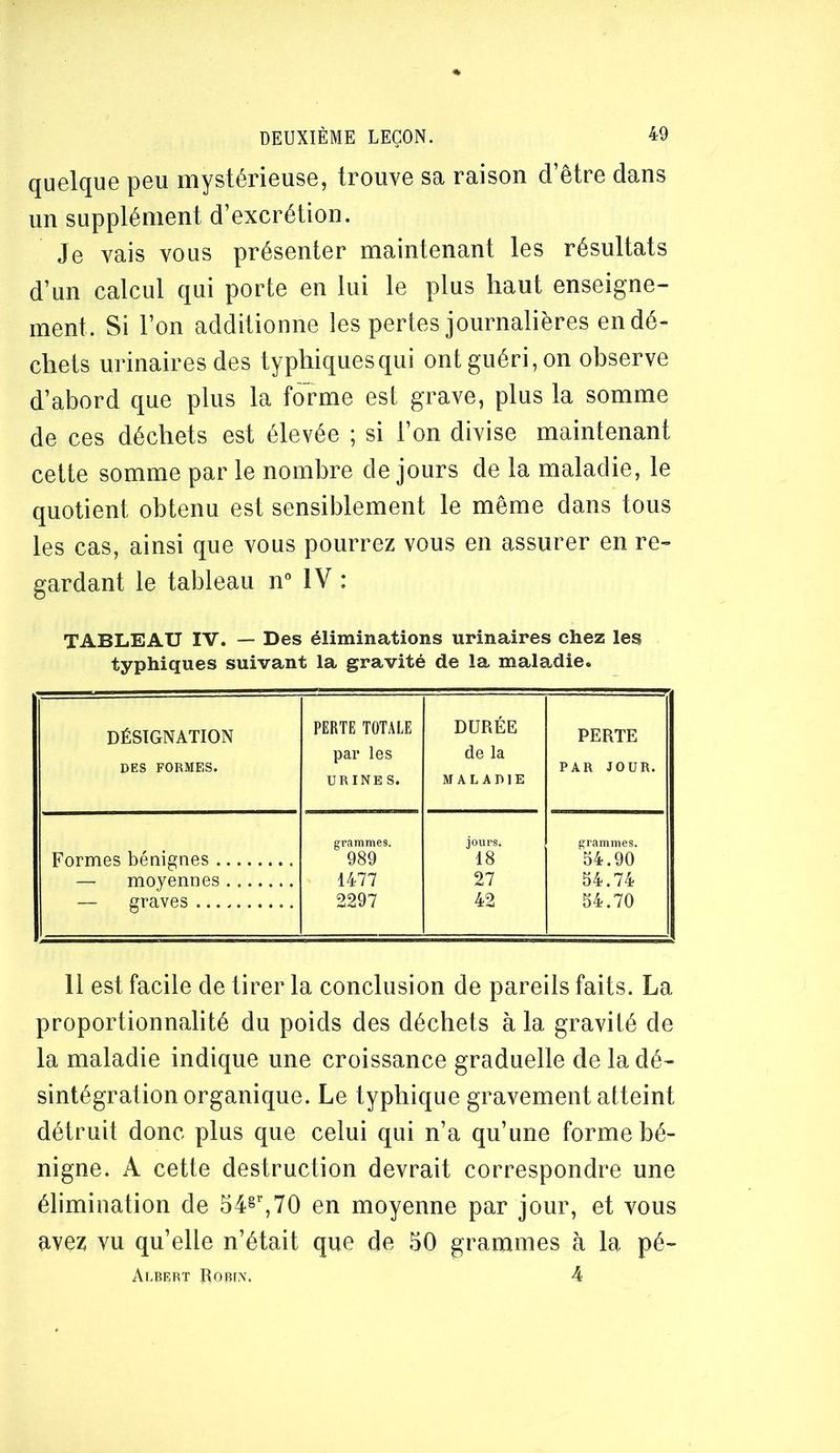 quelque peu mystérieuse, trouve sa raison d’être dans un supplément d’excrétion. Je vais vous présenter maintenant les résultats d’un calcul qui porte en lui le plus haut enseigne- ment. Si l’on additionne les pertes journalières en dé- chets urinaires des typhiquesqui ont guéri, on observe d’abord que plus la forme est grave, plus la somme de ces déchets est élevée ; si l’on divise maintenant cette somme par le nombre de jours de la maladie, le quotient obtenu est sensiblement le même dans tous les cas, ainsi que vous pourrez vous en assurer en re- gardant le tableau n° IV : TABLEAU IV. — Des éliminations urinaires chez les typhiques suivant la gravité de la maladie. DÉSIGNATION DES FORMES. PERTE TOTALE par les URINE s. DURÉE de la MALADIE PERTE PAR JOUR. Formes bénignes grammes. jours. grammes. 989 48 54.90 — moyennes 1477 27 54.74 — graves 2297 42 54.70 Il est facile de tirer la conclusion de pareils faits. La proportionnalité du poids des déchets à la gravité de la maladie indique une croissance graduelle de la dé- sintégration organique. Le typhique gravement atteint détruit donc plus que celui qui n’a qu’une forme bé- nigne. A cette destruction devrait correspondre une élimination de 54^’',70 en moyenne par jour, et vous avez vu qu’elle n’était que de 50 grammes à la pé- Albert Roblv. 4