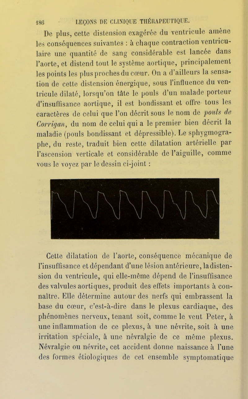 De plus, cette distension exagérée du ventricule amène les conséquences suivantes : à chaque contraction ventricu- laire une quantité de sang considérable est lancée dans l’aorte, et distend tout le système aortique, principalement les points les plus proches du cœur. On a d’ailleurs la sensa- tion de cette distension énergique, sous l’influence du ven- tricule dilaté, lorsqu’on tâte le pouls d’un malade porteur d’insuffisance aortique, il est bondissant et offre tous les caractères de celui que l’on décrit sous le nom de pouls de Corrigan, du nom de celui qui a le premier bien décrit la maladie (pouls bondissant et dépressible). Le sphygmogra- phe, du reste, traduit bien cette dilatation artérielle par l’ascension verticale et considérable de l’aiguille, comme vous le voyez par le dessin ci-joint : Cette dilatation de l’aorte, conséquence mécanique de l’insuffisance et dépendant d’une lésion antérieure, la disten- sion du ventricule, qui elle-même dépend de l’insuffisance des valvules aortiques, produit des effets importants à con- naître. Elle détermine autour des nerfs qui embrassent la base du cœur, c’est-à-dire dans le plexus cardiaque, des phénomènes nerveux, tenant soit, comme le veut Peter, à une inflammation de ce plexus, à une névrite, soit à une irritation spéciale, à une névralgie de ce même plexus. Névralgie ou névrite, cet accident donne naissance à l'une des formes étiologiques de cet ensemble symptomatique