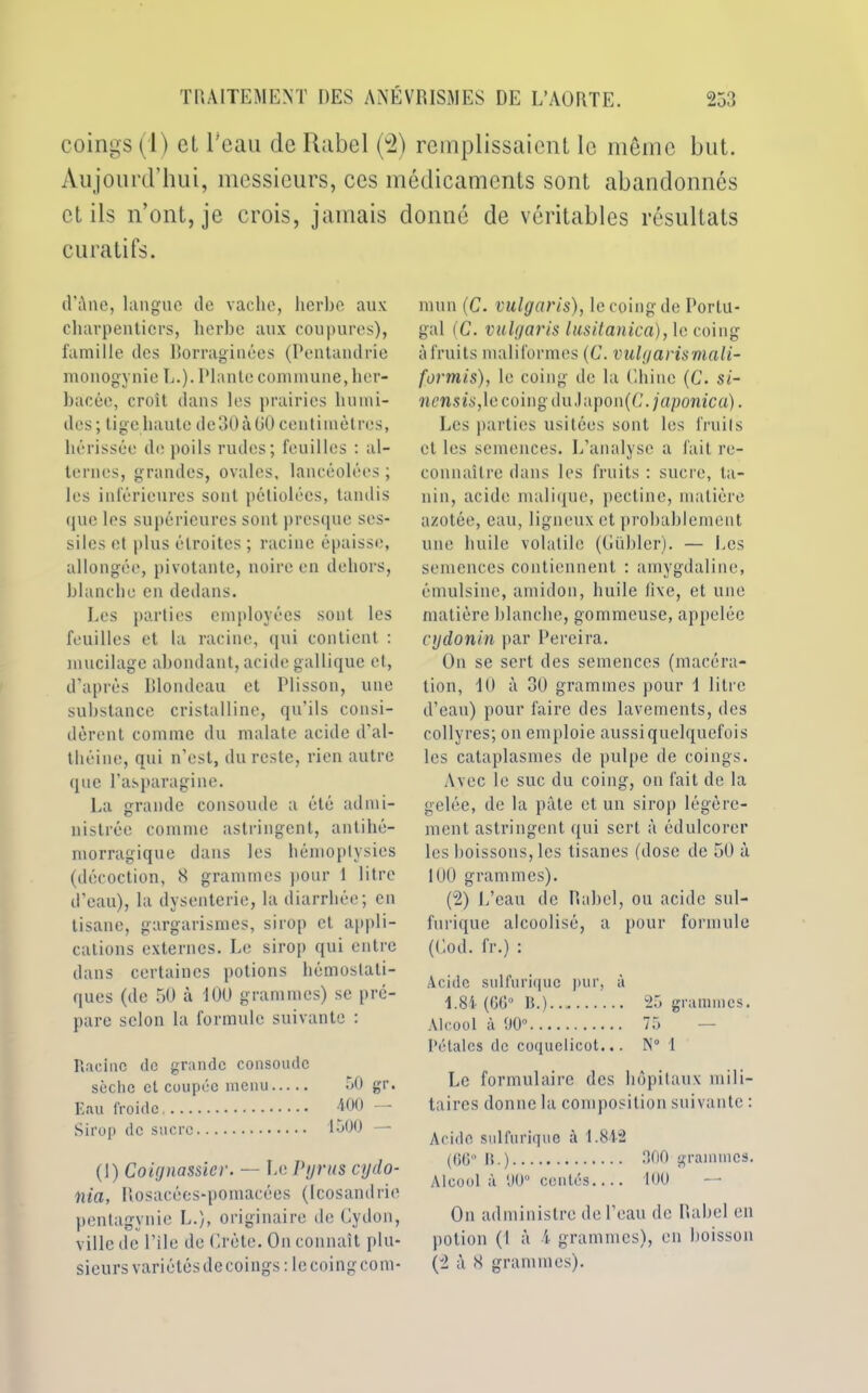 coings (1) cl l'eau de Rabel (°2) remplissaient le même but. Aujourd’hui, messieurs, ces médicaments sont abandonnés et ils n’ont, je crois, jamais donné de véritables résultats curatifs. d'âne, langue de vache, herbe aux charpentiers, herbe aux coupures), famille des Borraginées (Pentandrie monogynie L.). Plante commune, her- bacée, croît dans les prairies humi- des; tige haute dcoOàtiO centimètres, hérissée de poils rudes; feuilles : al- ternes, grandes, ovales, lancéolées ; les inférieures sont pétiolées, tandis que les supérieures sont presque ses- siles et plus étroites ; racine épaisse, allongée, pivotante, noire en dehors, blanche en dedans. Les parties employées sont les feuilles et la racine, qui contient : mucilage abondant, acide gallique et, d’après Blondeau et Plisson, une substance cristalline, qu’ils consi- dèrent comme du malate acide d’al- théine, qui n’est, du reste, rien autre que l’asparagine. La grande consolide a été admi- nistrée comme astringent, antihé- morragique dans les hémoptysies (décoction, 8 grammes pour 1 litre d’eau), la dysenterie, la diarrhée; en tisane, gargarismes, sirop et appli- cations externes. Le sirop qui entre dans certaines potions hémostati- ques (de 50 à 100 grammes) se pré- pare selon la formule suivante : Racine de grande consolide sèche et coupée menu 50 gr. Lau froide 400 — Sirop de sucre 1500 — (1) Coiynassicr. — Le Pijrus cydo- nia, Rosacées-pomacées (Icosandrie penlagvnie L.), originaire de Cydon, ville de Pile de Crète. On connaît plu- sieurs variétés de coings :1e coing com- mun (C. vulgaris), le coing de Portu- gal (C. vulgaris lusitanica), le coing à fruits maliformes (C. vulgaris rtiali- formis), le coing de la Chine (C. si- nensis,le coing du Japon(C./apomca). Les parties usitées sont les fruits et les semences. L’analyse a fait re- connaître dans les fruits : sucre, ta- nin, acide malique, pectine, matière azotée, eau, ligneux et probablement une huile volatile (Guider). — Les semences contiennent : amygdaline, émulsine, amidon, huile fixe, et une matière blanche, gommeuse, appelée cgclonin par Pereira. On se sert des semences (macéra- tion, 10 à 30 grammes pour 1 litre d’eau) pour faire des lavements, des collyres; on emploie aussi quelquefois les cataplasmes de pulpe de coings. Avec le suc du coing, on fait de la gelée, de la pâte et un sirop légère- ment astringent qui sert à édulcorer les boissons, les tisanes (dose de 50 à 100 grammes). (2) L’eau de Rabel, ou acide sul- furique alcoolisé, a pour formule (Cod. fr.) : Acide sulfurique pur, à 1.81 (06° R.) 25 grammes. Alcool à 90° 75 Pétales de coquelicot... N° 1 Le formulaire des hôpitaux mili- taires donne la composition suivante : Acide sulfurique à 1.842 (GG° 11.) 300 grammes. Alcool à 90° contés.... 100 — On administre de l’eau de Rabel en potion (I à 4 grammes), en boisson (2 à 8 grammes).