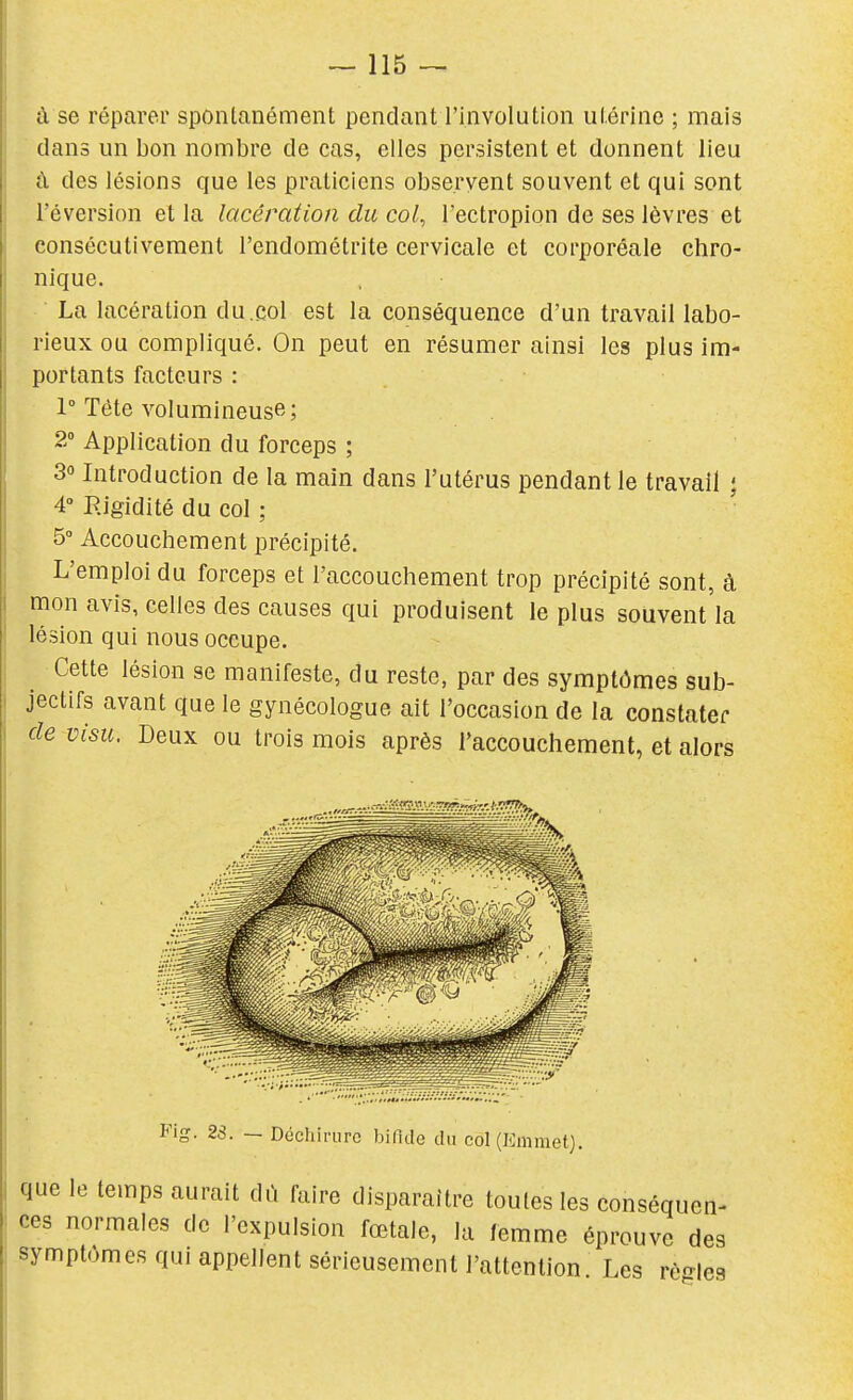 ù se réparer spontanément pendant l'involution utérine ; mais ■ clans un bon nombre de cas, elles persistent et donnent lieu à des lésions que les praticiens observent souvent et qui sont réversion et la lacération du col, rectropiqn de ses lèvres et consécutivement l'endométrite cervicale et corporéale chro- nique. La lacération du.col est la conséquence d'un travail labo- rieux ou compliqué. On peut en résumer ainsi les plus im- portants facteurs : 1° Téte volumineuse ; 2° Application du forceps ; 30 Introduction de la main dans l'utérus pendant le travail ; 4° Rigidité du col ; 5 Accouchement précipité. L'emploi du forceps et l'accouchement trop précipité sont, à mon avis, celles des causes qui produisent le plus souvent'la lésion qui nous occupe. Cette lésion se manifeste, du reste, par des symptômes sub- jectifs avant que le gynécologue ait l'occasion de la constater de visu. Deux ou trois mois après l'accouchement, et alors Fig. 23. — Déchirure binde du col (Emmet). que le temps aurait dû faire disparaître toutes les conséquen- ces normales de l'expulsion fœtale, la femme éprouve des symptômes qui appellent sérieusement l'attention. Les rè-les