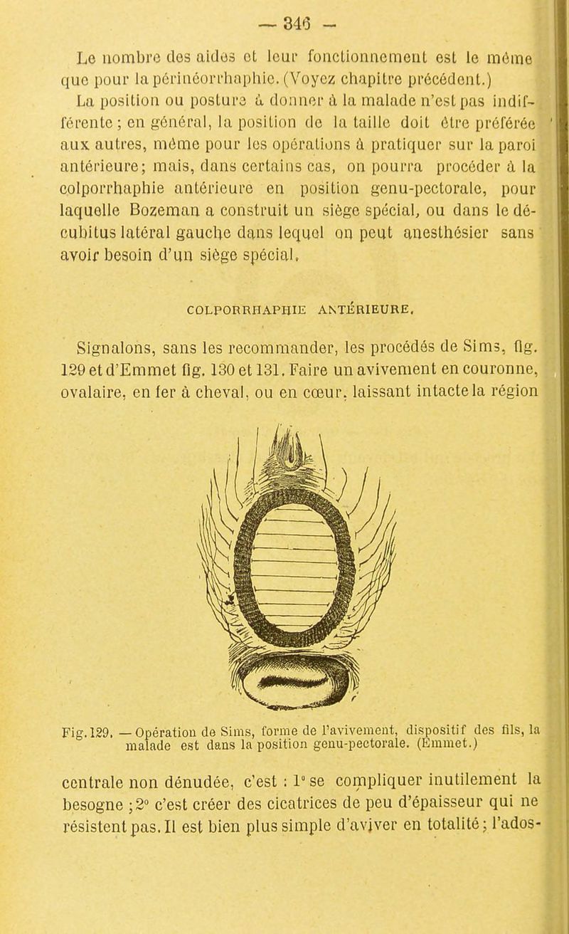 Le nombre des aidos et leur foiiclionnemeiit est le môme que pour la pcriuéorrhaphic. (Voyez chapitre précédent.) La position ou postura il donner à la malade n'est pas indif- férente ; en général, la position de la taille doit être préférée aux autres, môme pour les opérations à pratiquer sur la paroi antérieure; mais, dans certains cas, on pourra procéder à la colporrhaplîie antérieure en position genu-pectorale, pour laquelle Bozeman a construit un siège spécial, ou dans le dé- cubitus latéral gaucUe dans lequel on peut anesthésier sans avoif besoin d'un siège spécial, COLPORRHAPHIE ANTÉRIEURE. Signalons, sans les recommander, les procédés de Sims, (Ig. 129etd'Emmet fig. 130 et 131. Faire unavivement en couronne, ovalaire, en fer à cheval, ou en cœur, laissant intacte la région Fig. 129. — Opération de Sims, forme de l'avivement, dispositif des fils, la malade est dans la position genu-pectorale. (Emmet.) centrale non dénudée, c'est : 1 se compliquer inutilement la besogne ;2'' c'est créer des cicatrices de peu d'épaisseur qui ne résistent pas. Il est bien plus simple d'avjver en totalité; l'ados-