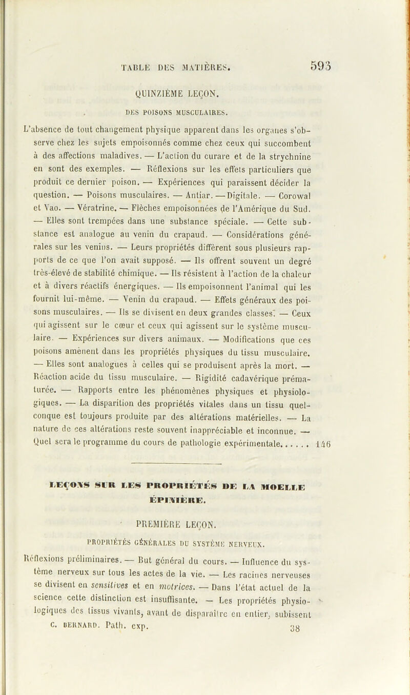 QUINZIÈME LEÇON. DES POISONS MUSCULAIRES. L’absence de tout changement physique apparent dans les organes s’ob- serve chez les sujets empoisonnés comme chez ceux qui succombent à des affections maladives. — L’action du curare et de la strychnine en sont des exemples. — Réflexions sur les effets particuliers que produit ce dernier poison. — Expériences qui paraissent décider la question. — Poisons musculaires. —Antiar.—Digitale. — Corowal et Yao. — Vératrine. — Flèches empoisonnées de l’Amérique du Sud. — Elles sont trempées dans une substance spéciale. — Cette sub- stance est analogue au venin du crapaud. — Considérations géné- rales sur les venins. — Leurs propriétés diffèrent sous plusieurs rap- ports de ce que l’on avait supposé. — Ils offrent souvent un degré très-élevé de stabilité chimique. — Ils résistent à l’action de la chaleur et à divers réactifs énergiques. — Ils empoisonnent l’animal qui les fournit lui-même. — Venin du crapaud. — Effets généraux des poi- sons musculaires. — Ils se divisent en deux grandes classesi — Ceux qui agissent sur le cœur et ceux qui agissent sur le système muscu- laire. — Expériences sur divers animaux. — Modifications que ces poisons amènent dans les propriétés physiques du tissu musculaire. — Elles sont analogues à celles qui se produisent après la mort. — Réaction acide du tissu musculaire. — Rigidité cadavérique préma- turée. — rapports entre les phénomènes physiques et physiolo- giques. — La disparition des propriétés vitales dans un tissu quel- conque est toujours produite par des altérations matérielles. — La nature de ces altérations reste souvent inappréciable et inconnue. Quel sera le programme du cours de pathologie expérimentale l'ETOSS SIK LES PROPRIÉTÉS I»E LA MOELLE ÉPINIÈRE. PREMIÈRE LEÇON. PROPRIÉTÉS GÉNÉRALES DU SYSTÈME NERVEUX. Réflexions préliminaires. — But général du cours. — Influence du sys- tème nerveux sur tous les actes de la vie. — Les racines nerveuses se divisent en sensitives et en motrices. — Dans l’état actuel de la science celte distinction est insuffisante. — Les propriétés physio- logiques des tissus vivanls, avant de disparaître en entier, subissent C. BERNARD. Path. CXp. gg 146