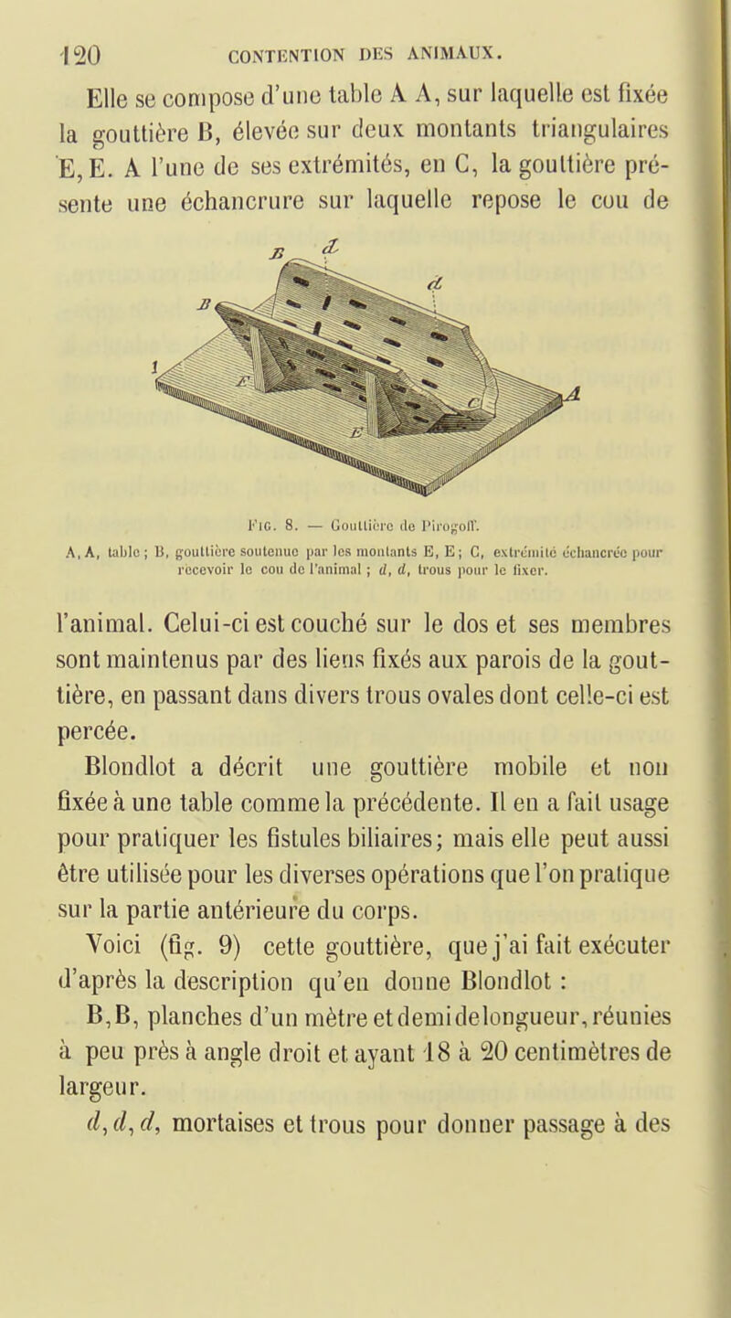 Elle se compose d'une table A A, sur laquelle est fixée la gouttière B, élevée sur deux montants triangulaires E, E. A l'une de ses extrémités, en C, la gouttière pré- sente une échancrure sur laquelle repose le cou de Kic. 8. — GoiiUii're ilo l'ii'oijolV. A, A, table; U, goutlicre soutenue par les moulants E, E; C, extrcniilc ucliancrec pour recevoir le cou de l'animal ; rf, d, trous pour le fixer. l'animal. Celui-ci est couché sur le dos et ses membres sont maintenus par des liens fixés aux parois de la gout- tière, en passant dans divers trous ovales dont celle-ci est percée. Blondlot a décrit une gouttière mobile et non fixée à une table comme la précédente. Il en a fait usage pour pratiquer les fistules biliaires; mais elle peut aussi être utilisée pour les diverses opérations que l'on pratique sur la partie antérieure du corps. Voici (flg. 9) cette gouttière, que j'ai fait exécuter d'après la description qu'en donne Blondlot : B,B, planches d'un mètre et demi delongueur, réunies à peu près à angle droit et ayant 18 à 20 centimètres de largeur. d.d^d, mortaises et trous pour donner passage à des