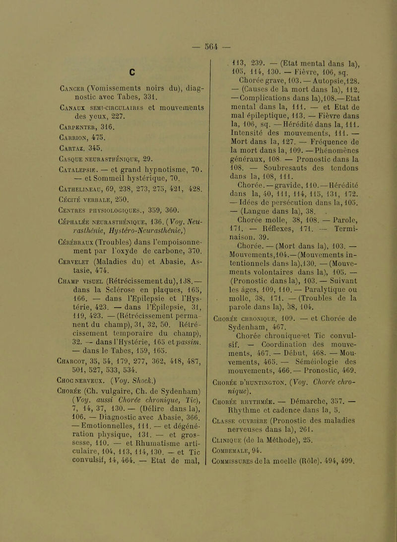 — 5G/1 — C Ganger (Vomissements noirs du), diag- nostic avec Tabes, 331. Canaux SEMi-cincuLAiREs ct mouvem’enls des yeux, 227. Carpenter, 316. Carrion, 475. Cartaz. 345. Casque neurasthenique, 29. Catalepsie. — et grand hypnotisine, 70. — et Sommeil hysterique, 70. Cathelineau, 69, 238, 273, 275, 421, 428. Cecite verbale, 250. Centres piivsiologiques., 359, 360. Cephalee neurasthenique, 136. (Foy. Neu- raslhdnie, Hystero-NeurasMnie,) Cerebraux (Troubles) dans I’empoisonne- ment par I’oxyde de carbone, 370. Cervelet (Maladies du) et Abasie, As- tasie, 474. Champ visuel (Retrdcissementdu),138.— dans la Sclerose en plaques, 165, 166. — dans I’Epilepsie et I’Hys- terie, 423. — dans I’Epilepsie, 31, 119,423. —(Retrecissement perma- nent du champ), 31, 32, 50. R6tre- cissement teraporairc du champ), 32. — dans I’Hystdrie, 165 etpassim. — dans le Tabes, 159, 165. Charcot, 35, 54, 179, 277, 362, 418, 487, 501, 527, 533, 534. Chognerveux. (Voy. Shock.) Choree (Gh. vulgaire, Ch. de Sydenham) (Voy. aussi Choree chronique, Tic), 7, 14, 37, 130. — (Delire dans la), 106. — Diagnostic avec Abasie, 366. — Eraotionnelles, 111. — et d^g6n6- ration physique, 131. — et gros- sesse, 110. — et Rhumatisme arti- culaire, 104, 113, 114,130. — et Tic convulsif, 14, 464. — Etat de mal. .113, 239. — (Etat mental dans la), 105, 114, 130. — Eievre, 106, sq. Chorde grave, 103. — Autopsie,128. — (Causes de la mort dans la), 112. — Complications dans la),108.—Etat mental dans la. 111. — et Etat de mal dpileptique, 113. — Fievre dans la, 106, sq. —Hdredite dans la. 111. Intensite des mouvements. 111. — Mort dans la, 127. — Frdquence de la mort dans la, 109. —Phdnomenes gendraux, 108. — Pronostic dans la 108. — Soubresauts des tendons dans la, 108, 111. Chorde. — gravide, 110. — Hdrddild dans la, 40, 111, 114, 115, 131, 172. — Iddes de persecution dans la, 105. — (Langue dans la), 38. Chorde molle, 38, 108. — Parole, 171. — Reflexes, 171. — Termi- naison. 39. Choree. — (Mort dans la), 103. — Mouvements, 104.—(Mouvements in- tentionnels dans la), 130. —(Mouve- ments volontaires dans la), 105. — (Pronostic dans la), 103.— Suivant les ages, 109, 110.— Paralytique ou molle, 38, 171. — (Troubles de la parole dans la), 38, 104. Choree chronique, 100. — et Chorde de Sydenham, 467. Choree chronique*et Tic convul- sif. — Coordination des mouve- ments, 467. — Debut, 468. — Mou- vements, 465. — Seindiologie des mouvements, 466.— Pronostic, 469. Choree d’huntington. (Voy. Chorde chro- nique) . Choree RiiYTiiMdE. — Ddmarche, 357, — Rhythme et cadence dans la, 5. Classe ouvRiERE (Pi'onostic des maladies nerveuses dans la), 261. Clinique (de la Mdthode), 25. COMBEMALE, 94. Commissures de la moellc (Rdle), 494, 409.