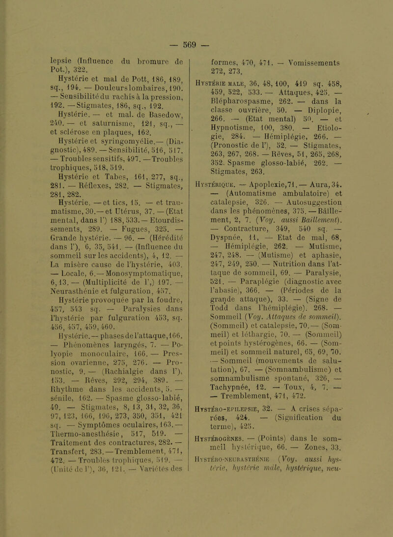 lepsie (Influence du broraure cle Pot.), 322. Hysteric et mal de Pott, 186, 189, sq., 194. —Douleurslombaires, 190, — Sensibility du rachis a la pressioii, 192. —Stigniates, 186, sq., 192. Hysteric. — et mal. de Basedow, 240. — et saturnisrno, 121, sq., — et sclerose cn plaques, 162. Hysteric et syringomyyiie.— (Dia- gnostic), 489. — Sensibility, 516, 517. — Troubles sensitifs, 497. —Troubles trophiques, 518, 519. Hystyrie et Tabes, 161, 277, sq., 281. —Reflexes, 282. — Stigmates, 281, 282. Hysteric. —et tics, 15. — et trau- matisme, 30.— et Utyrus, 37.—(Etat mental, dans 1’) 188,533. —Etourdis- sements, 289. — Fugues, 325. — Grande hystyrie. — 96. — (Hyrydity dans 1’), 6, 35., 541. — (Influence du sommeil sur les accidents), 4, 12. — La misyre cause de Thysterie, 403. — Locale, 6.— Monosymptomatique, 6,13.— (Multiplicity de 1’,) 197. — Neurasthenic et fulguration, 457. Hystyrie provoquee par la foudre, 457, 543 sq. — Paralysies dans Thystyrie par fulguration 453, sq. 456, 457, 459,460. Hystyrie.— phases de rattaque,166. — Phenomenes laryngys, 7. — Po- lyopic monoculaire, 166. — Pres- sion ovarienne, 275, 276. — Pro- nostic, 9. — (Rachialgie dans 1’), 153. — Reves, 292, 294, 389. — Rhythine dans les accidents, 5. — synile, 162. —Spasmc glosso-labie, 49. — Stigmates, 8, 13, 31, 32, 36, 97, 123, 166, 196, 273, 350, 351, 421 sq. —Symptomcs oculaires, 163.— Thermo-anesthysie, 517, 519. — Traitement des contractures, 282. — Transfert, 283. — Tremblement, 471, 472. —Troubles tropliiques, 519. — (rnito de 1’), 36, 121. — Varietes des formes, 470, 471. — Vomissements 272, 273. Hysterie male, 36, 48,100, 419 sq. 458, 459, 522, 533. — Attaques, 425. — Biypharospasme, 262. — dans la classe ouvrifere, 50. — Diplopie, 266. — (Etat mental) 50, — et Hypnotisme, 100, 380. — Etiolo- gie, 284. — Hemipiygie, 266. — (Pronostic de T), 52. — Stigmates, 263, 267, 268. — Reves, 51, 265, 268, 352. Spasme glosso-labiy, 262. — Stigmates, 263. Hysterique. — Apoplexie,71.— Aura, 34. — (Automatisme ambulatoire) et catalepsie, 326. — Autosuggestion dans les phenomenes, 375.—Baille- ment, 2, 7. {Voy. aussi Baillement). — Contracture, 349, 540 sq. — Dyspnee, 11, — Etat de mal, 68, — Hemiplegie, 262. — Mutisme, 247, 248. — (Mutisme) et aphasie, 247, 249, 250. — Nutrition dans I’at- taque de sommeil, 69. — Paralysie, 521. — Paraplegie (diagnostic avec I’abasie), 366. — (Pyriodes de la grande attaque), 33. — (Signe de Todd dans I’hemiplegie). 268. — Sommeil {Voy. Attaques de sommeil). (Sommeil) et catalepsie, 70.— (Som- meil) et lethargie, 70. — (Sommeil) et points hystyrogenes, 66. — (Som- meil) et sommeil naturel, 65, 69, 70. — Sommeil (mouvements de salu- tation), 67. — (Somnambulisme) et somnambulisme spontany, 326, — Tachypnye, 12. — Toux, 4, 7. — — Tremblement, 471, 472. Hystero-epilepsie, 32. — A crises scpa-- ryes, 424. — (Signification du terme), 425. Hysterogenes. — (Points) dans le som- meil hysterii^ue, 66. — Zones, 33. Hvstero-neubasthenie {Voy. aussi hys- lArie, hystMe male, hysUrique, 7ieu-