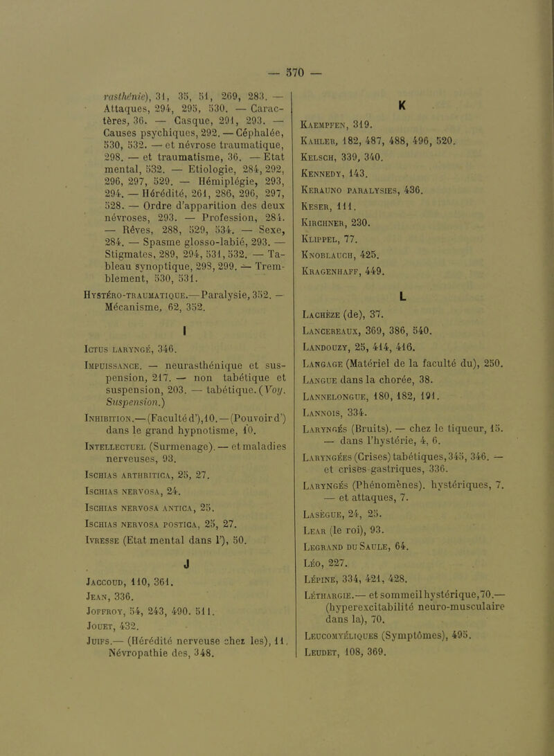rasthdnie), 31, 33, 31, 209, 283. — Attaques, 294, 293, 330. — Carac- tferes, 30. — Casque, 291, 293. — Causes psychiques, 292. — Cephal6e, 530, 332. — et nevrose traumatique, 298. — et traumatisme, 36. — Etat mental, 332. — Etiologie, 284, 292, 296, 297, 529. — Hemipldgie, 293, 294. — H6r^dit4, 261, 286, 296, 297, 328. — Ordre d’apparition des deux n^vroses, 293. — Profession, 284. — Reves, 288, 329, 334. — Sexe, 284. — Spasme glosso-labie, 293, — Stigmates, 289, 294, 531,332. — Ta- bleau synoptique, 298, 299. — Trem- blement, 330, 331. Hyst^ro-traumatique.—Paralysie, 332. — M^canisme, 62, 332. I Ictus larynge, 346. Impuiss.vnce. — neurasthenique et sus- pension, 217. — non tab^tique et suspension, 203. — tabetique. (Yoy. Suspension.) Inhibition .—(Faculte d’), 10. — (Pouvoir d’) dans le grand hypnotisme, 10. Intellegtuel (Surmenage). — et maladies nerveuses, 93. IsCHIAS ARTHRITICA, 23, 27. ISGHIAS NERVOSA, 24. ISCHIAS NERVOSA ANTICA, 25. ISCHIAS NERVOSA POSTIGA, 23, 27. IvREssE (Etat mental dans T), 30. J Jaccoud, 110, 361. Jean, 336, JoFFROY, 34, 243, 490, 511. JouET, 432. Juips.— (ller^dite nerveuse chez les), 11, N^vropathie des, 348, K Kaempfen, 319. Kahler, 182, 487, 488, 496, 320. Kelsch, 339, 340. Kennedy, 143. KeRAUNO PARALYSIES, 436. Keser, 111. Kirchner, 230. Klippel, 77. Knoblauch, 425. Kragenhaff, 449. L Lacheze (de), 37. Lancereaux, 369, 386, 340. Landouzy, 25, 414, 416. Langage (Materiel de la faculty du), 250. Langue dans la choree, 38. Lannelongue, 180,182, 191. Lannois, 334. Larynges (Bruits). — chez le tiqueur, 13. — dans I’hystdrie, 4, 6. L.^.ryngees (Crises) tabetiques, 343, 346. — et crises-gastriques, 336. Larynges (Ph6nomenes). hysteriques, 7. — et attaques, 7. Lasegue, 24, 23. Lear (le roi), 93. Legrand du Saule, 64. Leo, 227. Lepine, 334, 421, 428. Lethargie.— et sommeilhystdrique,70.— (hyperexcitabili td neuro-musculaire dans la), 70. Leucomyeliques (SymptOmes), 493. Leudet, 108, 369.