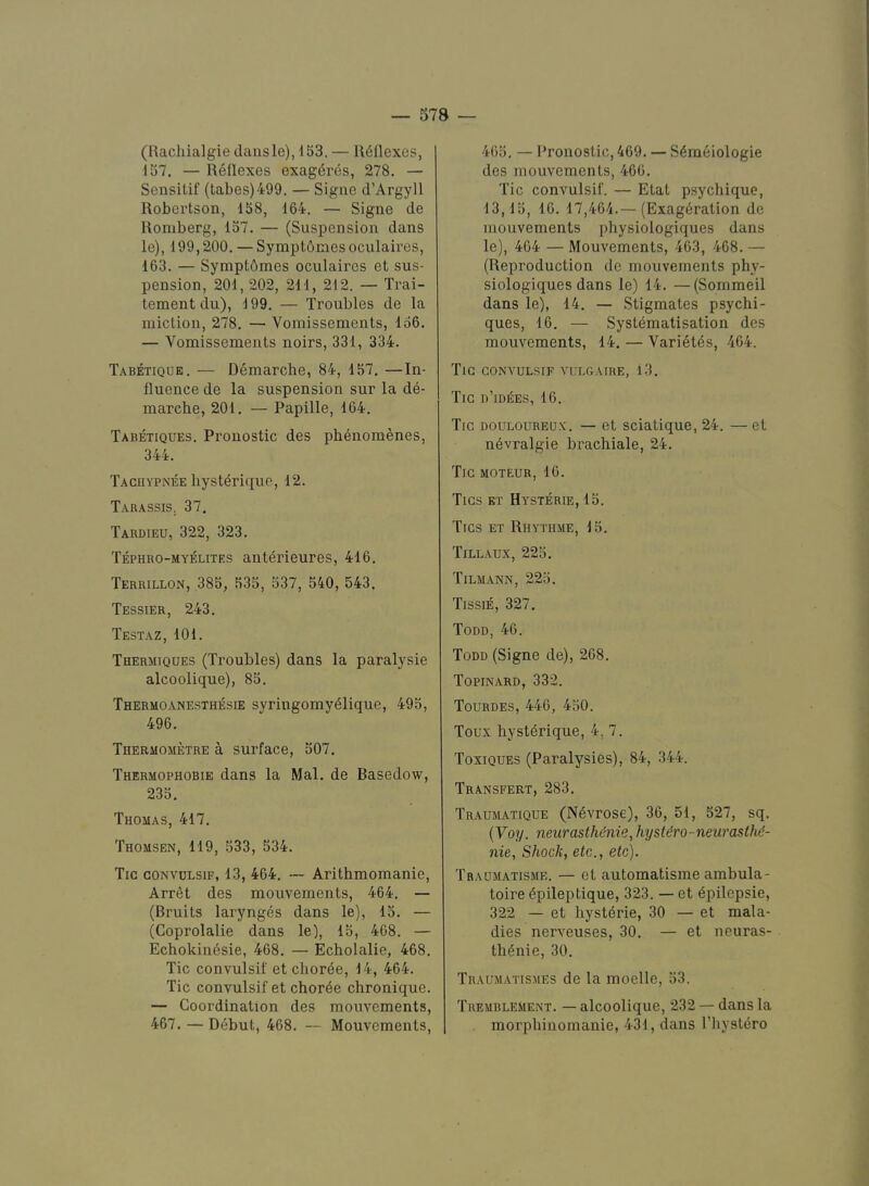 (Uacliialgie dans le), 153. — ll611exes, 157. — Reflexes exagdres, 278. — Sensitif (tabes)499. — Signe d’Argyll Robertson, 158, 164. — Signe de Romberg, 157. — (Suspension dans le), 199,200. — SymptOmesoculaires, 163. — Sympt6mes oculaires et sus- pension, 201,202, 211, 212. — Trai- tement du), 199. — Troubles de la miction, 278. — Vomissements, lo6. — Vomissements noirs, 331, 334. Tabetique. — Demarche, 84, 157. —In- fluence de la suspension sur la de- marche, 201. — Papille, 164. Tabetiques. Pronostic des ph^nomenes, 344. Tachypxee hysterique, 12. Tarassis, 37. Tardieu, 322, 323. Tephro-myelites anterieures, 416. Terrillon, 385, 535, 537, 540, 543. Tessier, 243. Testaz, 101. Thermtques (Troubles) dans la paralysie alcoolique), 85. Thermoanesthesie syringomy^lique, 495, 496. Thermometre a surface, 507. Thermophobie dans la Mai. de Basedow, 235. Thomas, 417. Thomsen, 119, 533, 534. Tic CONVDLSIF, 13, 464. — Arithmomanie, Arret des mouvements, 464. — (Bruits larynges dans le), 15. — (Coprolalie dans le), 15, 468. — Echokinesie, 468. — Echolalie, 468. Tic convulsif et chorde, 14, 464. Tic convulsif et chor4e chronique. — Coordination des mouvements, 467. — Debut, 468. — Mouvements, 465, — Pronostic, 469. — Sdmeiologie des mouvements, 460. Tic convulsif. — Etat psychique, 13,15, 16. 17,464.— (Exag6ration de mouvements physiologiques dans le), 464 — Mouvements, 463, 468. — (Reproduction de mouvements phy- siologiques dans le) 14. —(Sommeil dans le), 14. — Stigmates psychi- ques, 16. — Systematisation des mouvements, 14. — Variet^s, 464. Tie CONVULSIF vulgaire, i3. Tic d’idi^es, 16. Tic DOULOUREUX. — et sciatique, 24. — et n^vralgie brachiale, 24. Tic moteur, 16. Tics et Hysterie, 15. Tics ET Rhytiime, 15. Tillaux, 225. Tilmann, 225. Tissie, 327. Todd, 46. Todd (Signe de), 268. Topinard, 332. Tourdes, 446, 450. Toux hysterique, 4, 7. Toxiques (Paralysies), 84, 344. Transfert, 283. Tr.aumatique (N6vrose), 36, 51, 527, sq. {Yoy. neurasth^nie, hystiro-neurastM- nie, Shock, etc., etc). Traumatisme. — et automatisme ambula- toire ^pileptique, 323. — et 6pilepsie, 322 — et hystdrie, 30 — et mala- dies nerveuses, 30. — et neuras- thenic, 30. Traumatismes de la moelle, 53. Tuemblement. — alcoolique, 232 — dans la morphiuomanie, 431, dans I’liystero
