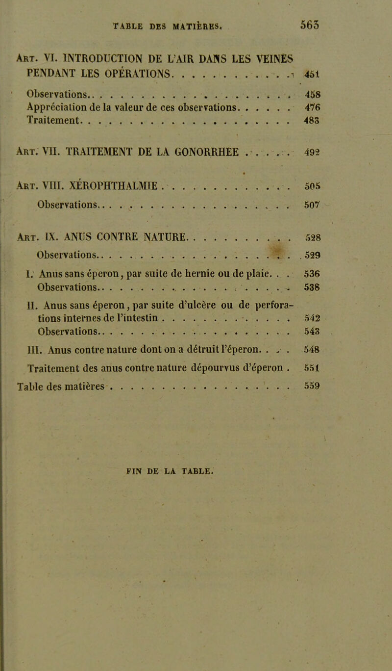 Art. VI. INTRODUCTION DE L’AIR DANS LES VEINES PENDANT LES OPÉRATIONS .i 461 Observations..,. 458 Appréciation de la valeur de ces observations 476 Traitement 483 . » i Art. VII. TRAITEMENT DE LA GONORRHEE .... . 492 Art. VIII. XÉROPHTHALMIE 505 Observations 507 Art. IX. ANUS CONTRE NATURE 528 Observations . , 529 I. Anus sans éperon, par suite de hernie ou de plaie. . . 536 Observations „ 538 II. Anus sans éperon, par suite d’ulcère ou de perfora- tions internes de l’intestin 542 Observations 543 III. Anus contre nature dont on a détruit l’éperon. . . . 548 Traitement des anus contre nature dépourvus d’éperon . 551 Table des matières 559 FIN DE LA TABLE.