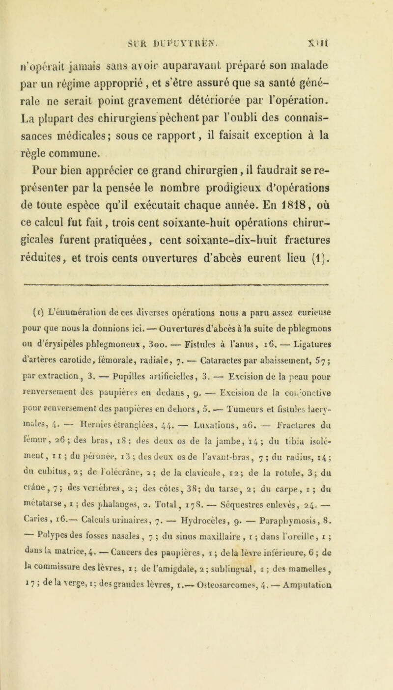 SI'R DLlH vtrl.v. X>It n’opérait jamais sans avoir auparavant préparé son malade par un régime approprié , et s’être assuré que sa santé géné- rale ne serait point gravement détériorée par l’opération. La plupart des chirurgiens pèchent par l’oubli des connais- sances médicales; sous ce rapport, il faisait exception à la règle commune. Pour bien apprécier ce grand chirurgien, il faudrait se re- présenter par la pensée le nombre prodigieux d’opérations de toute espèce qu’il exécutait chaque année. En 1818, où ce calcul fut fait, trois cent soixante-huit opérations chirur- gicales furent pratiquées, cent soixante-dix-huit fractures réduites, et trois cents ouvertures d’abcès eurent lieu (1). (i) L'énumération de ces diverses opérations nous a paru assez curieuse pour que nous la donnions ici. — Ouvertures d’abcès à la suite de phlegmons ou d’érysipèles phlegmoneux, 3oo.— Fistules à l’anus, 16. — Ligatures d’artères carotide, fémorale, radiale, 7. — Cataractes par abaissement, 57; par extraction, 3. — Pupilles artificielles, 3. — Excision de la peau pour renversement des paupières en dedans , 9. — Excision de la coi.’onclive pour renversement des paupières en dehors, 5. -— Tumeurs et fistules lacrv- raales, 4. — Hernies étranglées, 44. — Luxations, 2G. — Fractures du fémur, 26; des bras, 18: des deux os de la jambe, f4; du tibia isolé- ment , 1 r ; du péronèe, 13 ; des deux os de l’avant-bras, 7 ; du radius, 14 ; du cubitus, 2; de l'olécrane, 2; de la clavicule, 12; de la rotule, 3; du cràue, 7; des vertèbres, 2; des côtes, 38; du tarse, 2; du carpe, 1 ; du métatarse, 1 ; des phalanges, 2. Total, 178. — Séquestres enlevés, 24. — Caries, 16.— Calculs urinaires, 7. — Hydrocèles, 9. — Paraphymosis, 8. Polypes des losses nasales, 7 ; du sinus maxillaire, r ; dans l’oreille, 1 ; daus la matrice, 4. —Caucers des paupières, 1 ; delà lèvre inférieure, 6 ; de la commissure des lèvres, 1 ; de l’amigdale, 2 ; subii ngual, i ; des mamelles, 17; de la verge, 1; des grandes lèvres, 1.— O<leosarcomes, 4. — Amputation