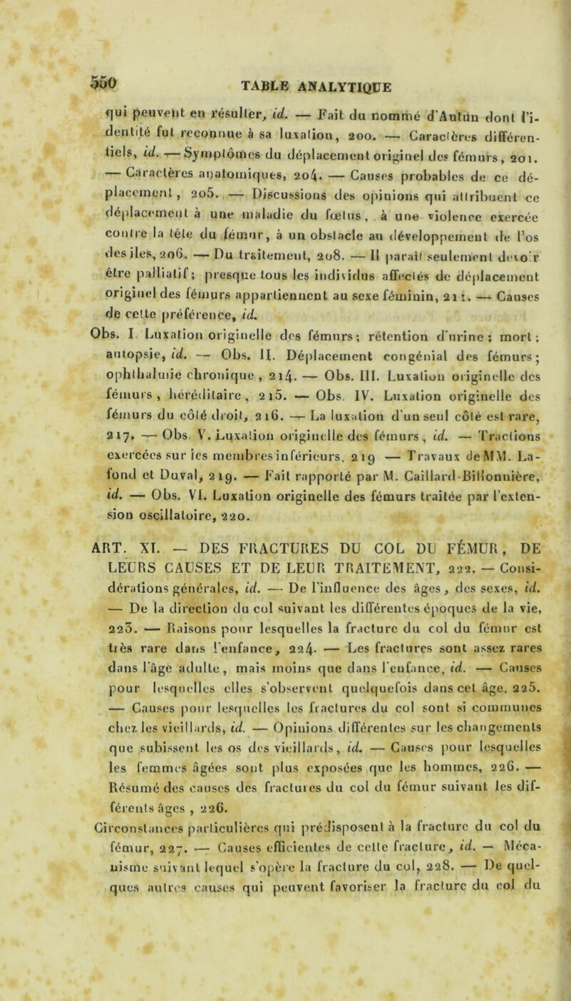 qui peuvent en résulter, id. — Fait du nommé d'Aulim dont l'i- dentité fut reconnue à sa luxation, 200. — Caractères différen- tiels, id. -—Symptômes du déplacement originel des fémurs, 201. Caractères anatomiques, 204. — Causes probables de ce dé- placement, ao5. — Discussions des opinions qui attribuent ce déplacement a une maladie du foetus, à une violence exercée contre la tête du fémur, à un obstacle au développement de l’os des iles, 206. —— Du traitement, 208. — Il paraît seulement deio'r être palliatif; presque tous les individus affectés de déplacement originel des fémurs appartiennent au sexe féminin, 211. — Causes de cette préférence, id. Obs. I Luxation originelle des fémurs; rétention d'urine; mort; autopsie, id. — Obs. H. Déplacement eongénial des fémurs; ophlbalmie chronique, 214. — Obs. III. Luxation originelle des fémurs, héréditaire, 210. — Obs. IV. Luxation originelle des fémurs du côté droit, 216. — La luxation d un seul côté est rare, 217. — Obs V. Luxation originelle des fémurs, id. — Tractions exercées sur ies membres inférieurs. 219 — Travaux de M VI. La- iond et Duval, 219. — Fait rapporté par \L Caillant Biilonnière, id. — Obs. VI. Luxation originelle des fémurs traitée par l’exten- sion oscillatoire, 220. ART. XL — DES FRACTURES DU COL DU FÉMUR, DE LEURS CAUSES ET DE LEUR TRAITEMENT, 222. — Consi- dérations générales, id. — De l’influence des âges, des sexes, id. — De la direction du col suivant les différentes époques de la vie, 220. — Raisons pour lesquelles la fracture du col du fémur est tiès rare dans l'enfance, 224- — Les fractures sonl assez rares dans 1 âge adulte, mais moins que dans l eufanee, id. — Causes pour lesquelles elles s’observent quelquefois dans cet âge. 225. — Causes pour lesquelles les fractures du col sont si communes chez les vieillards, id. — Opinions différentes sur les changements que subissent les os des vieillards, id. — Causes pour lesquelles les femmes âgées sont plus exposées que les hommes, 226. — Résumé des causes des fractures du col du fémur suivant les dif- férents âges , 226. Circonstances particulières qui prédisposent à la fracture du col du fémur, 227. — Causes efficientes de celle fracture, id. — Méca- nisme suivant lequel s'opère la fracture du col, 228. — De quel- ques autres causes qui peuvent favoriser la fracture du eol du