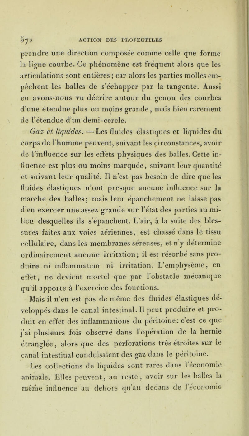 prendre une direction composée comme celle que forme la ligne courbe. Ce phénomène est fréquent alors que les articulations sont entières ; car alors les parties molles em- pêchent les balles de s’échapper par la tangente. Aussi en avons-nous vu décrire autour du enou des courbes d’une étendue plus ou moins grande, mais bien rarement de l’étendue d’un demi-cercle. Gaz et liquides. —Les fluides élastiques et liquides du corps de l’homme peuvent, suivant les circonstances, avoir de l’influence sur les effets physiques des balles. Cette in- fluence est plus ou moins marquée, suivant leur quantité et suivant leur qualité. Il n’est pas besoin de dire que les fluides élastiques n’ont presque aucune influence sur la marche des balles; mais leur épanchement ne laisse pas d’en exercer une assez grande sur l’état des parties au mi- lieu desquelles ils s’épanchent. L’air, à la suite des bles- sures faites aux voies aériennes, est chassé dans le tissu cellulaire, dans les membranes séreuses, et n y détermine ordinairement aucune irritation; il est résorbé sans pro- duire ni inflammation ni irritation. L’emphysème, en effet, ne devient mortel que par l’obstacle mécanique qu’il apporte à l’exercice des fonctions. Mais il n’en est pas do même des fluides élastiques dé- veloppés dans le canal inteslinal.il peut produire et pro- duit en effet des inflammations du péritoine: c’est ce que j’ai plusieurs fois observé dans 1 opération de la hernie étranglée, alors que des perforations très étroites sur le canal intestinal conduisaient des gaz dans le péritoine. Les collections de liquides sont rares dans 1 économie animale. Elles peuvent, au reste, avoir sur les balles la même influence au dehors qu’au dedans de 1 économie